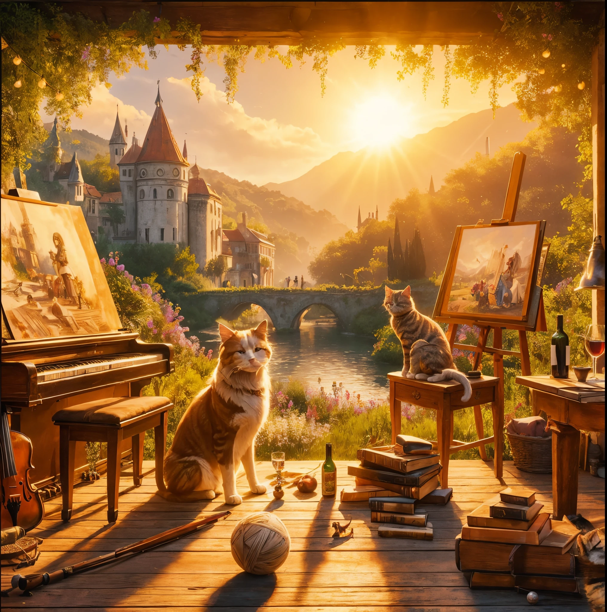 A drawing studio with a table containing a piano, violin and books, a bottle of wine, a dog and a cat under the table with one ball of wool playing with a painting in a scene in front of a palace from the Witcher game, in the middle of a beautiful garden with golden sunlight. The spectacle delights and supports the spectators. The garden is outside.