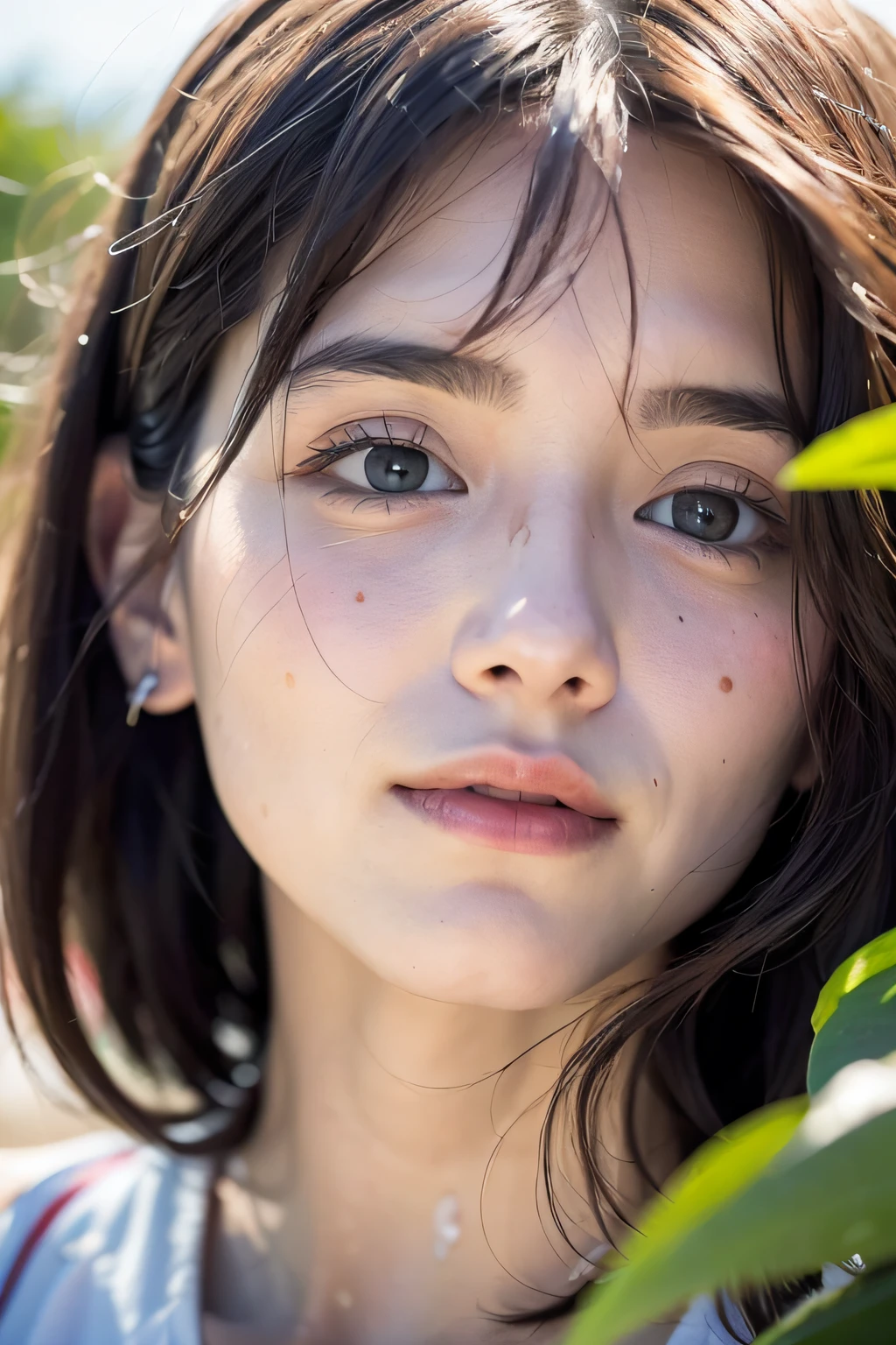 (Realistic, Photorealistic: 1.37), (8K, Raw photo, Best Quality, masutepiece: 1.2), Detailed face, Detailed eyes, Shy smile, messy and wet hair, Coco private house、Tropical trees々々、a slight light、Realistic skin with visible pores