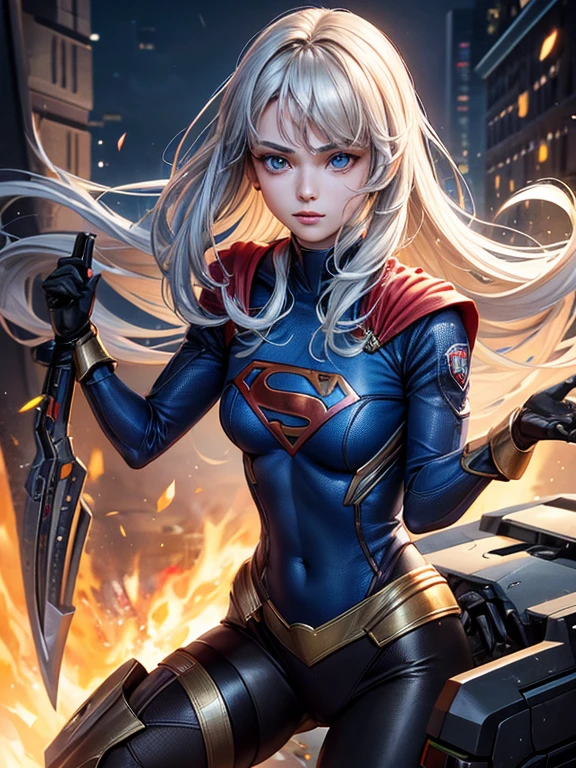 Supergirl, best quality, filme, Arte Oficial, areia, Advertising art of nature, Papel de parede do filme, Uniforme CG muito detalhado,Papel de parede 4k, detalhes intrincados, fundo branco, parte superior do corpo, Foco Facial, corpo inteiro, cheio,sexy,arte conceitual, fazendo arte, high resolution, (Realistic, Realistic: 1.2), rendering physically based, mechnical, reflexions, realismo, Cyberpunk, simetria, Front view, fechar para cima, Avatar ,olho ,simetria ,rosto, very sharp ,Realistic ,foco , Grant Mask Painting, luz do filme, mecha, (illustration: 1.1), fino, pele clara, rosto delicado, Manto do Rei, brilhar, knee tights, (longos cabelos loiros), olhos azuis, Ultra South Symbol Chest S, campo de batalha, cavaco, brilhar, espada