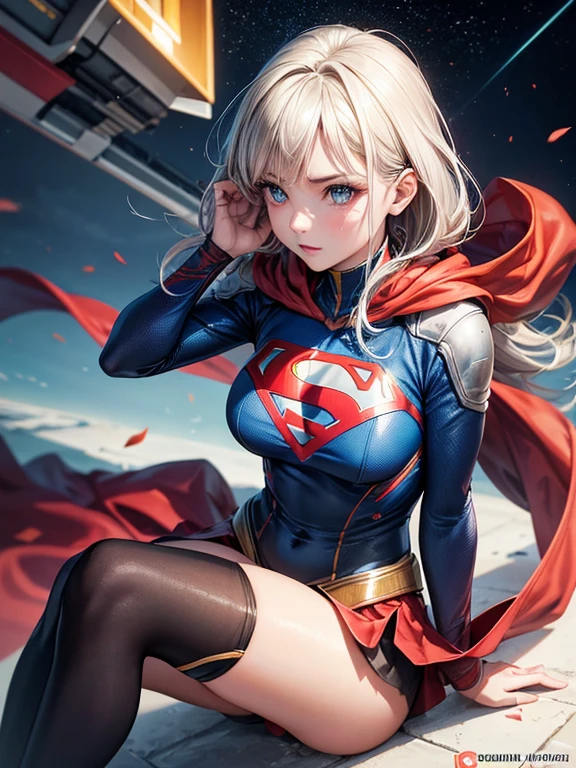 Supergirl, best quality, filme, Arte Oficial, areia, Advertising art of nature, Papel de parede do filme, Uniforme CG muito detalhado,Papel de parede 4k, detalhes intrincados, fundo branco, parte superior do corpo, Foco Facial, corpo inteiro, cheio,sexy,arte conceitual, fazendo arte, high resolution, (Realistic, Realistic: 1.2), rendering physically based, mechnical, reflexions, realismo, Cyberpunk, simetria, Front view, fechar para cima, Avatar ,olho ,simetria ,rosto, very sharp ,Realistic ,foco , Grant Mask Painting, luz do filme, mecha, (illustration: 1.1), fino, pele clara, rosto delicado, Manto do Rei, brilhar, knee tights, (longos cabelos loiros), olhos azuis, Ultra South Symbol Chest S, campo de batalha, cavaco, brilhar, espada