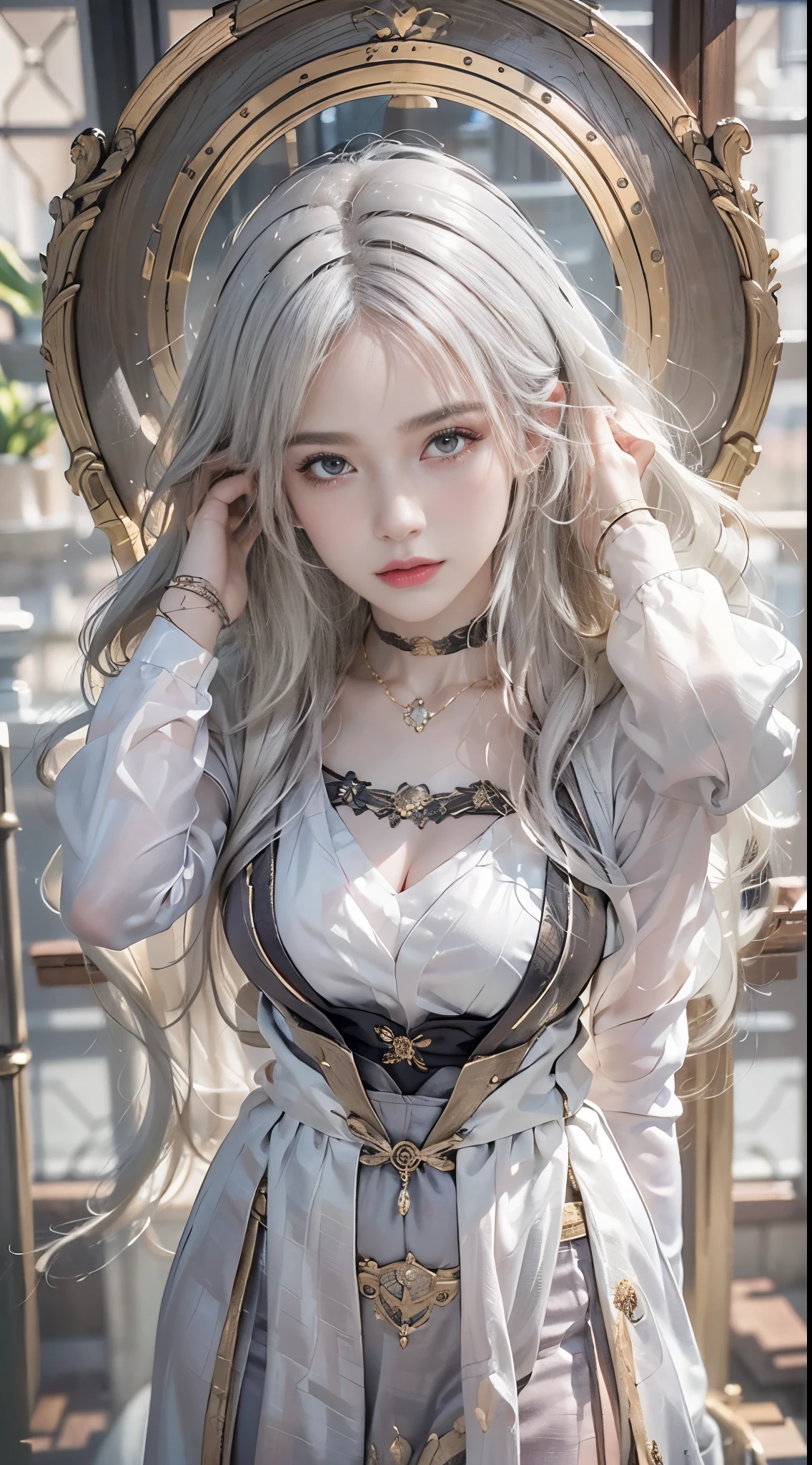 Dark atmosphere,Old European town in the background、White Wolf、 ((highest quality、masterpiece、8k、Best image quality、Ultra-high resolution、Award-winning works)、(Accurate anatomy:1.1)、(Look at me and smile:1.1)、Shining fair skin with Ultra-high resolution、The most detailed face、Ultra-high resolution detailed face、Short, flowing white hair 、Beautiful face drawn in every detail、(Blurred Background:1.1)、Georgian traditional men&#39;s costume, Small breasts, A real wolf next to a girl 
