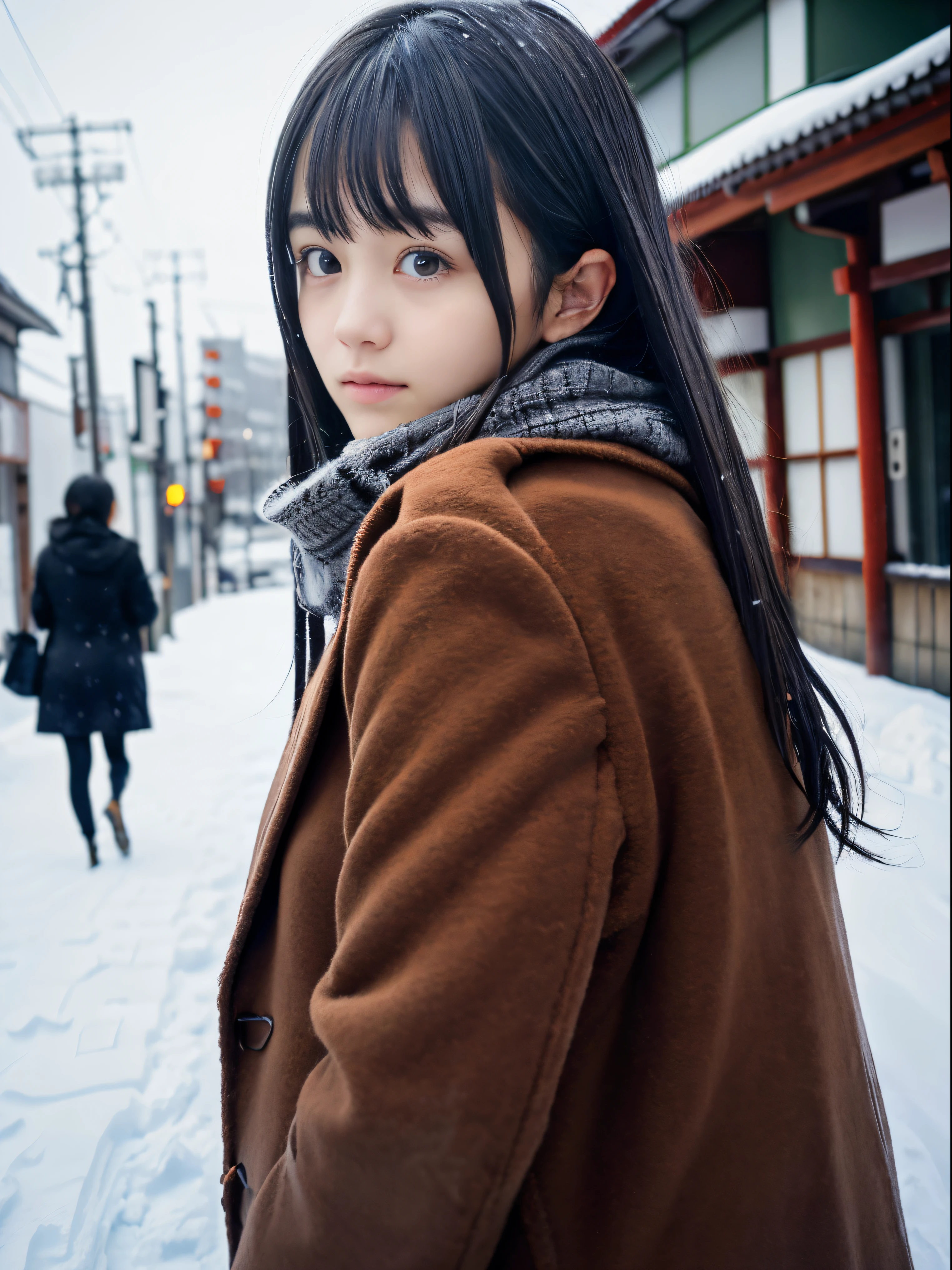 (Close up portrait of dark gray long hair with swept bangs girl in winter brown coat and scarf:1.5)、(One girl turn around on the street in Japan at heavy snowy night with sad face:1.5)、( Blurry background,:1.5)、(Perfect Anatomy:1.3)、(complete hands:1.3)、(complete fingers:1.3)、Photorealsitic、Raw photography、masutepiece、top-quality、hight resolution、delicate and pretty、face perfect、Beautiful detailed eyes、Fair skin、Real Human Skin、((thin legs))
