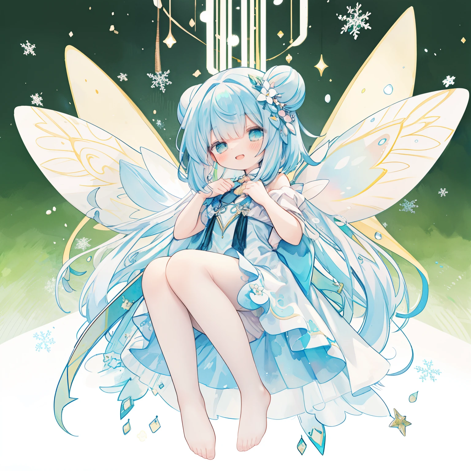 (PastelColors:1.3)、(Cute illustration:1.3)、(watercolor paiting:1.1)、(Wearing large transparent fairy wings with polka dots。。。。。。。。。。。。。。。:1.3),Falling from the sky,Head down, feet up, Blue haired girl,Blue hair,Blunt bangs,Beautiful offer,ultra wide-angle ,Detailed background、Smile with open mouth、Beautifully detailed、Moya、colourfull、marble、Particles of light、patterns、From Side、Shirayuki Noel、Snowflake、
Detailed drawing、Vibrant colors、striking contrast、intricate detailes、Delicate depiction、Luminescent、full body Esbian、From the side、Beautiful facial features、Brightly colored eyes、Wearing intricate and delicate ornaments、glowing aura、Radiant hair,Illuminated by the morning light、Summer wreaths、Pale yellow-green background、Fairy with a bouquet of flowers、Fancy Fairy、A pink-haired、Bun head、jumpping、levitation、Thick wool gown:0.4