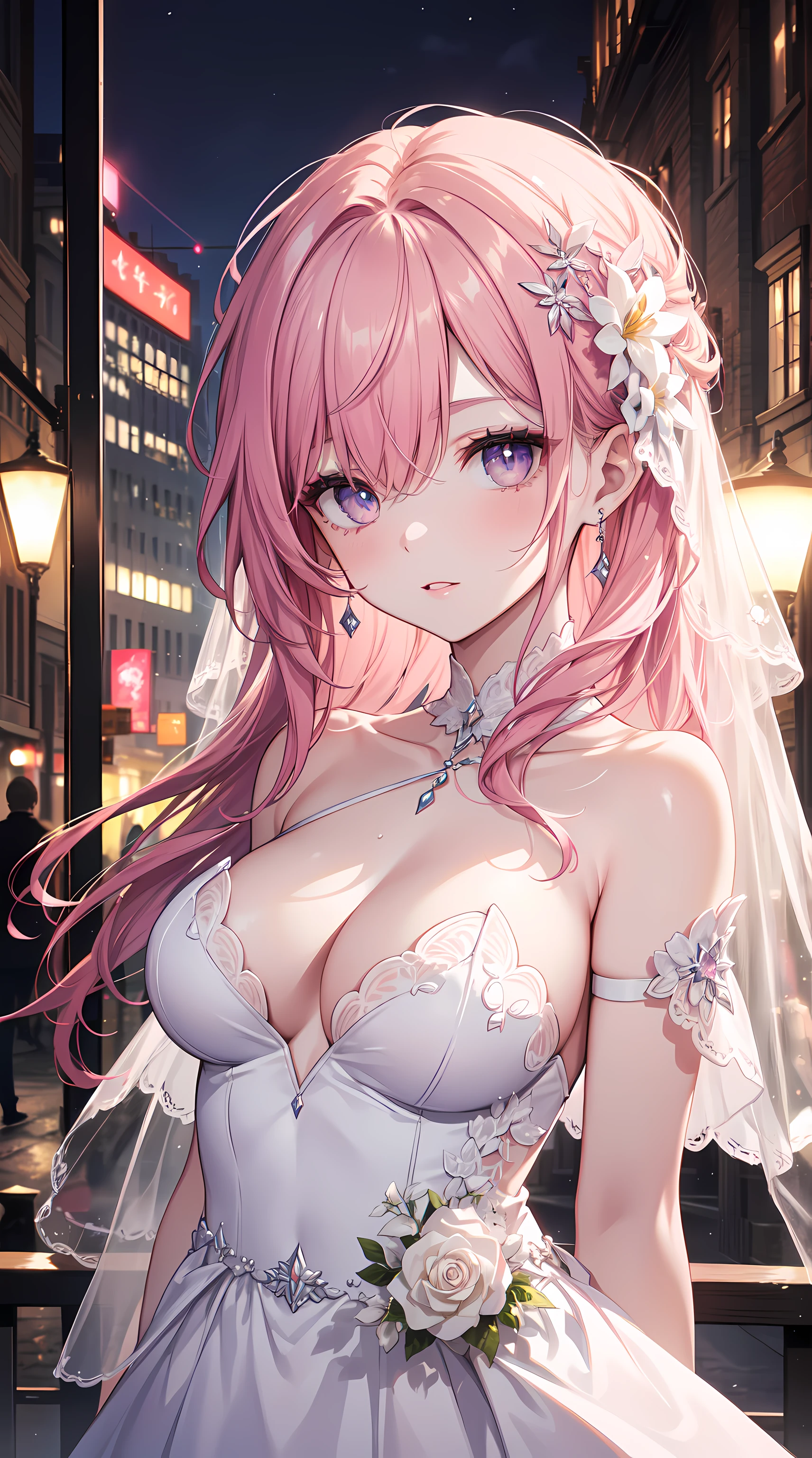 (Best quality at best, 4K, 8K, A high resolution, tmasterpiece:1.2), ultra - detailed, actual, HighDynamicRange, hyper HD, Studio lighting, Ultra-fine painting, Extremely detailed description, professional, bokeh, girl, beautidful eyes, beautiful detailed lips, Extremely detailed eyes and face, Long eyelashes, The landscape, Gorgeous pink hair, a purple eye, medium-sized boobs, Sexy figure, (highdetailskin:1.2), Luxury wedding dresses, shoulder strap, face flushed, during night, Elegant, Smooth skin, lipsticks, Delicatemakeup，
