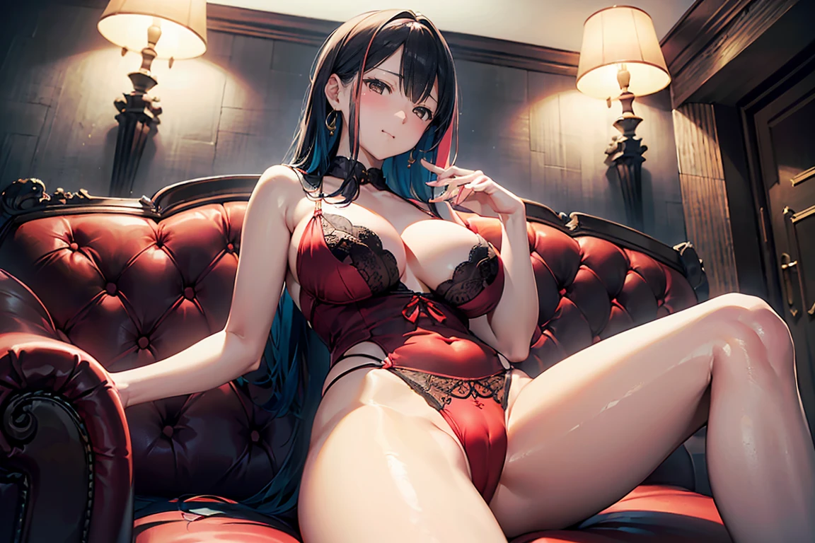 (top-quality,High resolution,(Ultra high definition,4K), (Ultra High Resolution,8K),masutepiece:1.2), (Perfect Anatomy,Anatomically accurate), (Angle from below), (Soft lighting, 光线追踪), (Two cute high school girls), Hide face with hands, (High-definition beauty face), (Sitting on a sofa in the lobby of a luxury hotel and opening your legs), (stylish formal dress), cleavage of the breast, (Red lace panties), (Crisp double eyelids), (fascinated expression),(Large breasts:1.3), NSFW,(Soft skin), (Photorealistic), (Glowing skin), (multicolored hair), 35mm f/1.8, Captured with Sony FE GM