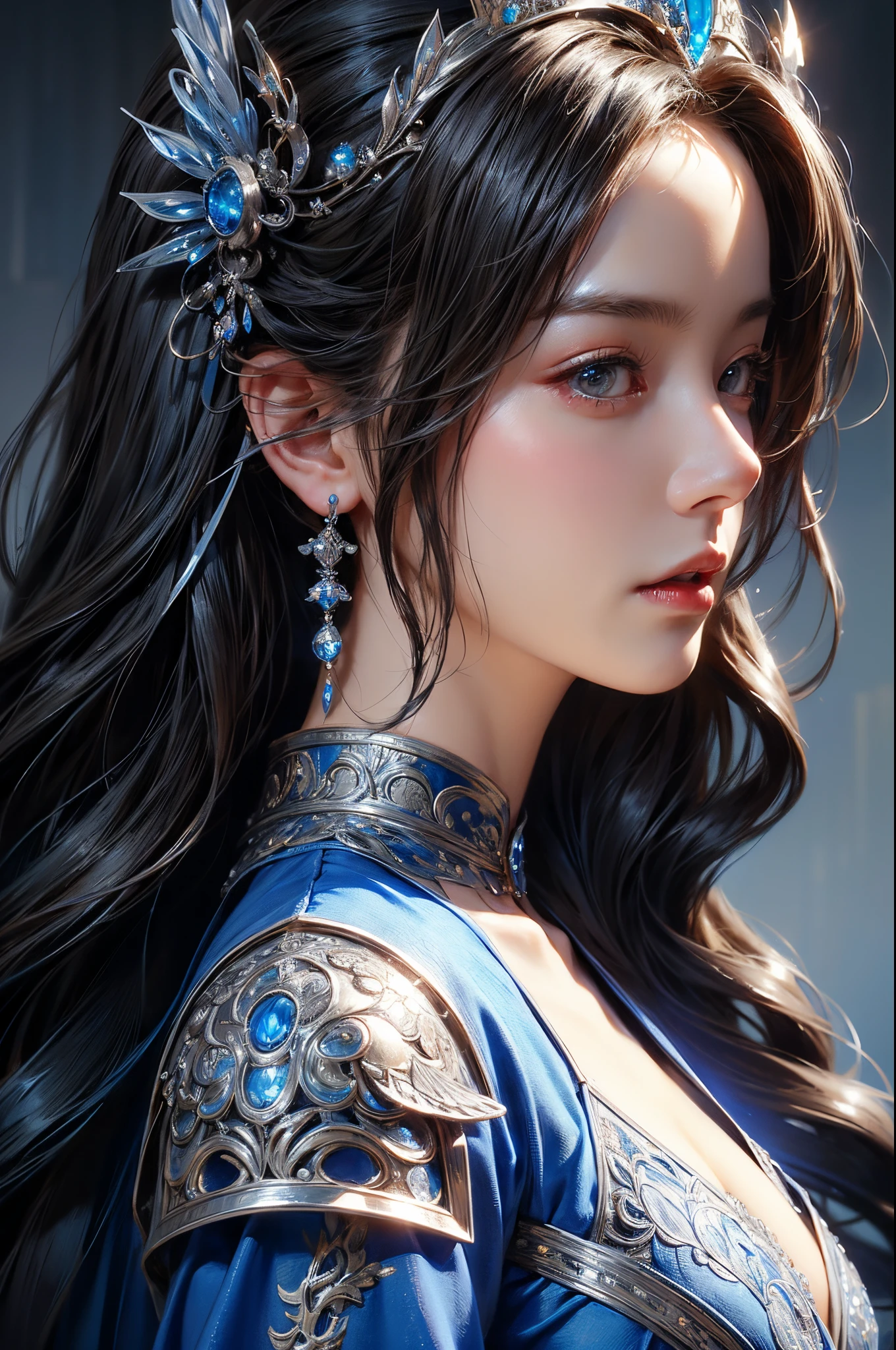a close up of a woman in a silver and blue dress, chengwei pan on artstation, by Yang J, detailed fantasy art, stunning character art, fanart best artstation, epic exquisite character art, beautiful armor, extremely detailed artgerm, detailed digital anime art, artgerm on artstation pixiv, armor girl