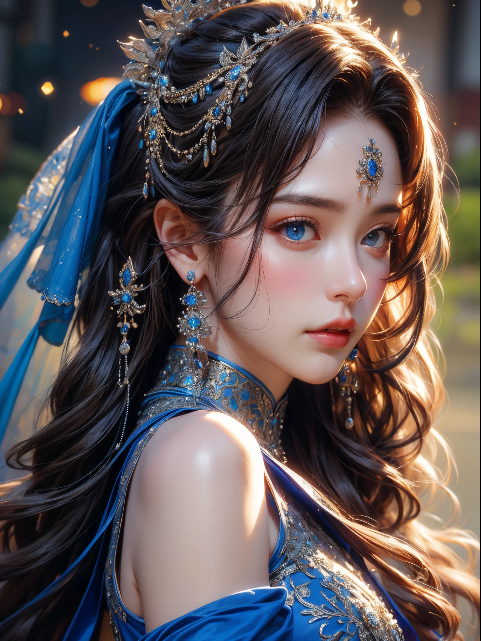 (best quality,4k,8k,highres,masterpiece:1.2),ultra-detailed,(realistic,photorealistic,photo-realistic:1.37),portrait,woman,close up,silver dress,blue dress,detailed eyes,detailed lips,artgerm style,exquisite art,beautiful armor,artstation:chengwei pan,captivating expression,long flowing hair,delicate jewelry,shimmering fabric,soft lighting,vibrant colors,graceful pose,subtle highlights,sublime beauty,sublime background.