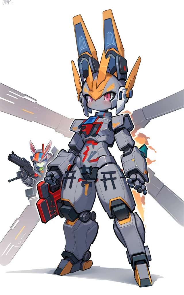 Cartoon image of robot rabbit holding gun, mecha cyber armor, Cool mech style, Mecha suit, Full robot full body mecha suit, cyber fight armor, wearing cyber armor, anime mecha armor, Purple armor, Complex assassin mecha, Mecha Inspiration, Trio, three roles, Spatial perspective, The vision becomes blurred