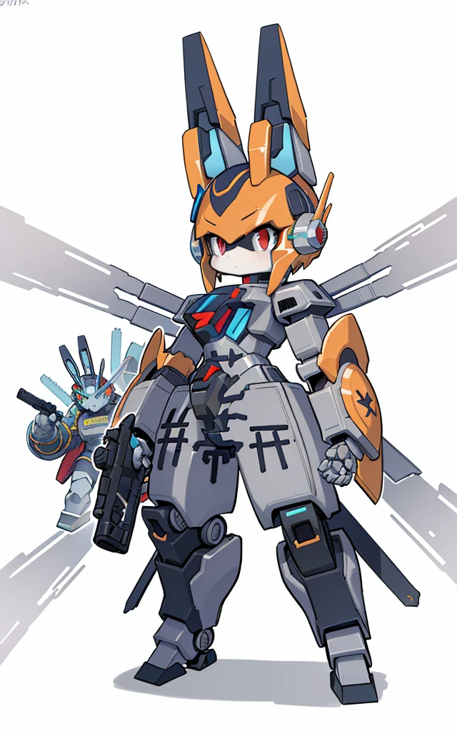 Cartoon image of robot rabbit holding gun, mecha cyber armor, Cool mech style, Mecha suit, Full robot full body mecha suit, cyber fight armor, wearing cyber armor, anime mecha armor, Purple armor, Complex assassin mecha, Mecha Inspiration, Trio, three roles, Spatial perspective, The vision becomes blurred