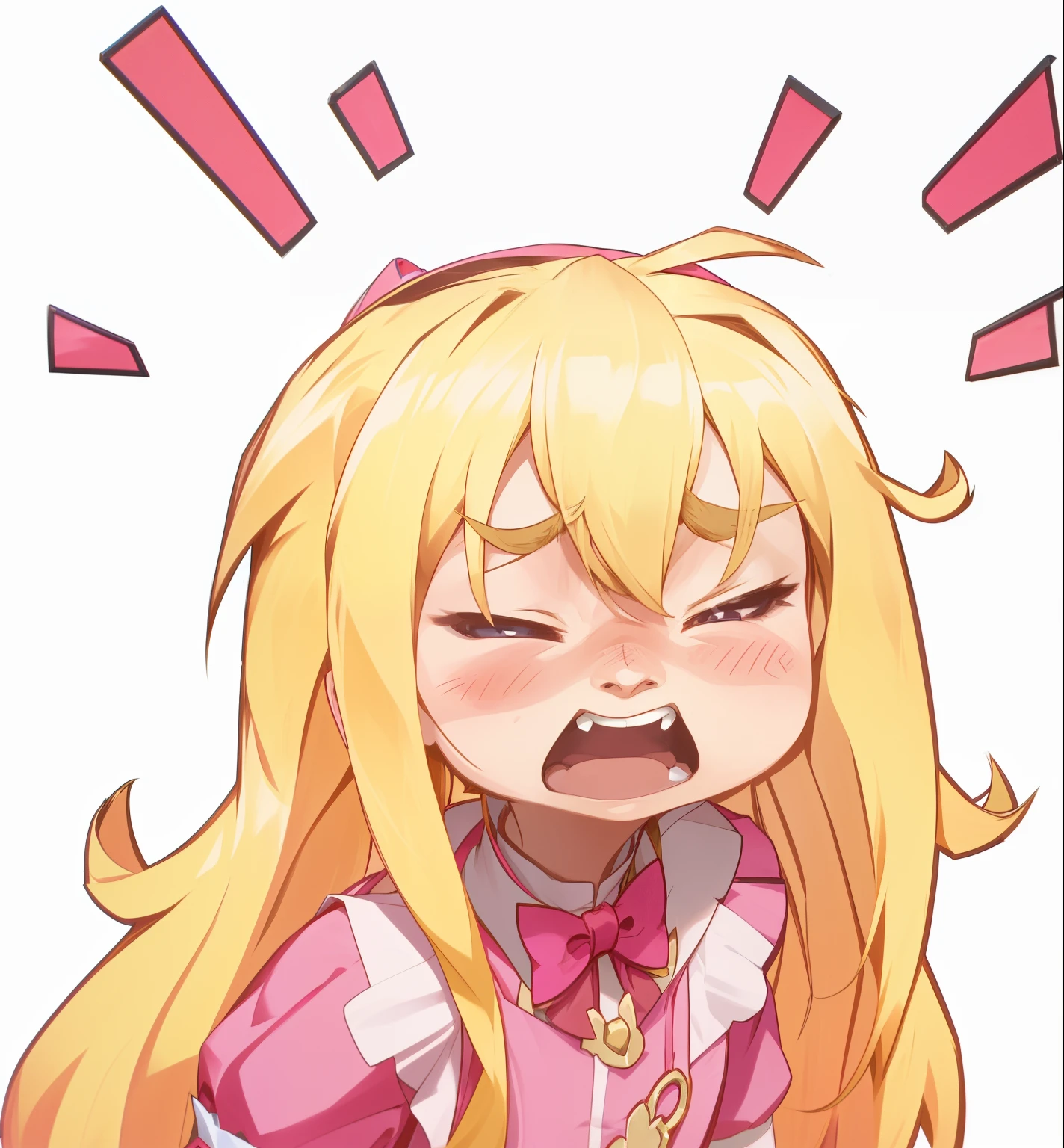anime girl with blonde hair and bow tie in pink outfit, anime moe artstyle, booru, danbooru, kinmoza!, mischievous!!, ██full of expressions██, yelling furiously, junko enoshima, frown!, punchable expression, cynical face,