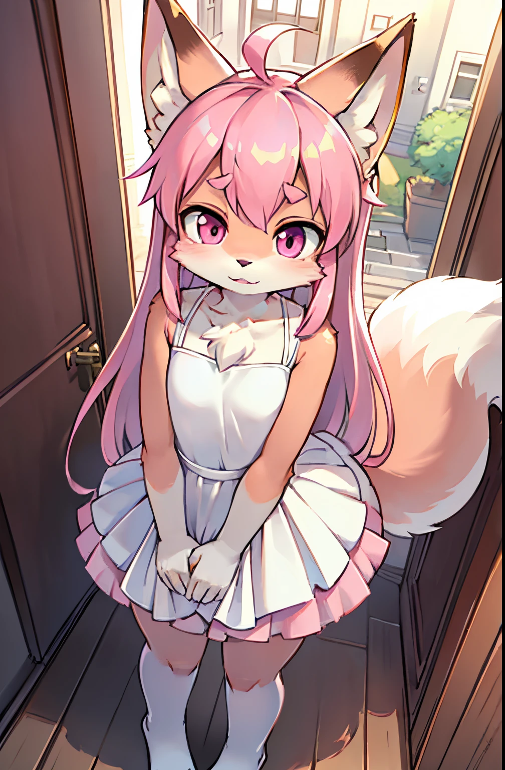 first person view, focus on face, standing in front of you, coming closer, low camera angle, High detail, fox tail, (one tail), (pink fur), fox ears, (pink fur), long hair, (pink hair), Standing at the entrance to the house, The background is an apartment, Lean forward slightly, hands on knees, (white Tutu Dress), teenager, Tall,