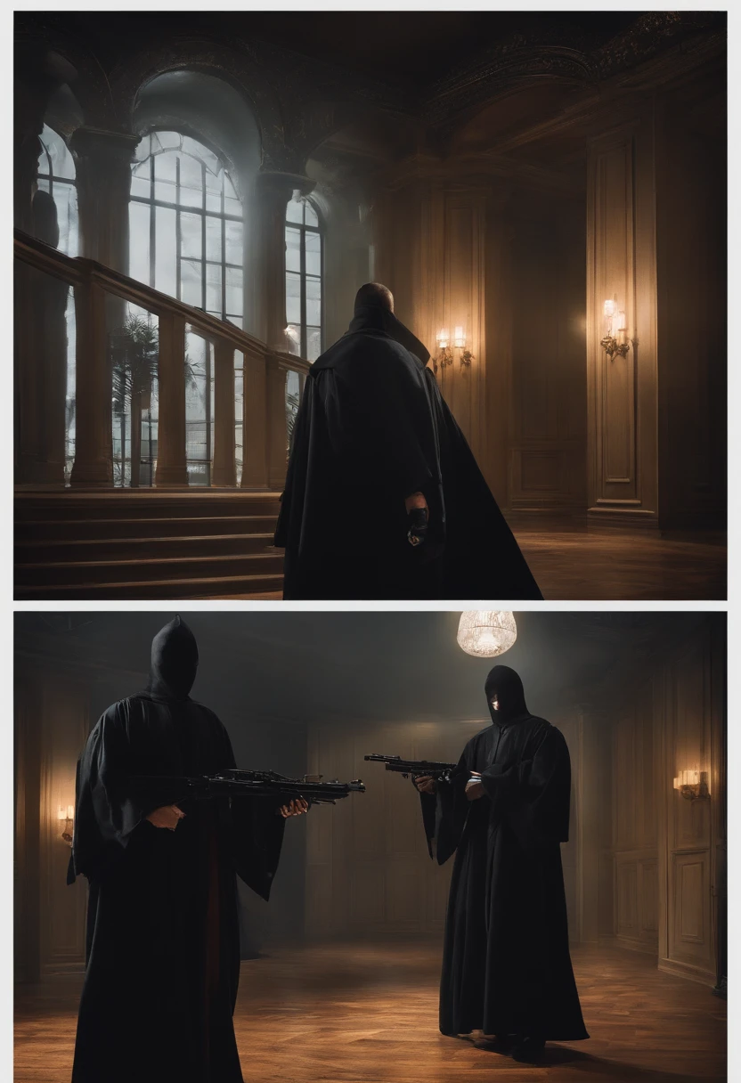In the dark of the night,The moonlight outside the window illuminates several men in black robes in the dark corridor,They walk on the wooden corridor,He held a variety of weapons in his hands,Looks like he's going to kill someone。