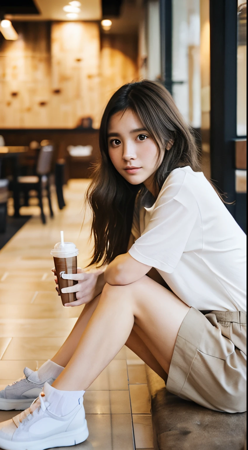 Photorealsitic、reallistic、Raw photography、masterpiece、top-quality、hight resolution、illustratio、The background is inside a Starbucks.
((Iced latte with milk))、Skinny bat、Skinny Legs、
1girl in、Random hairstyles、Slim Leg、delicate and pretty、face perfect、beautidful eyes、Chromo-white skin、Real Human Skin、pores、