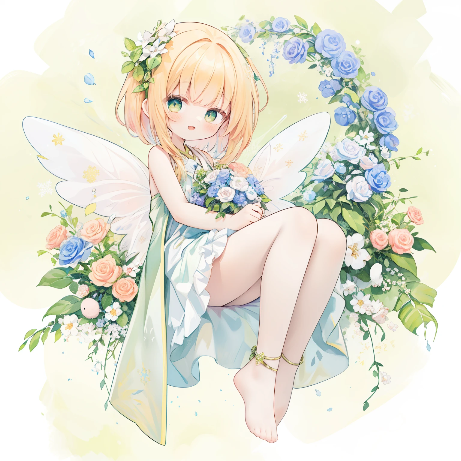 1girl in、(PastelColors:1.3)、(Cute illustration:1.3)、(watercolor paiting:1.1)、(Wearing large transparent fairy wings with polka dots。：1.3),Close your eyes and smile、Falling from the sky,Head down, feet up, Orange hair,Blunt bangs,Beautiful offer,ultra wide-angle  ,Detailed background、Smile with open mouth、Beautifully detailed、Moya、colourfull、marble、Particles of light、patterns、From Side、（Shirayuki Noel、Snowflake：1.3）、
Detailed drawing、Vibrant colors、striking contrast、intricate detailes、Delicate depiction、Luminescent、full body Esbian、From the side、Beautiful facial features、Brightly colored eyes、Wearing intricate and delicate ornaments、glowing aura、Radiant hair,Illuminated by the morning light、Summer wreaths、Pale yellow-green background、Fairy with a bouquet of flowers、Fancy Fairy、Bun head、jumpping、levitation、Thick wool gown:0.4