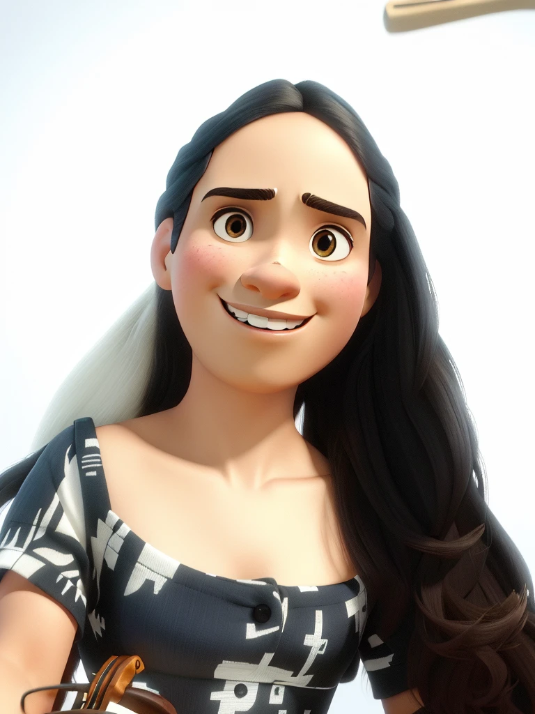 Uma jovem latino americana, olhos castanhos escuro, cabelo castanho escuro, em uma orquestra. Pixar poster with the title violinist. in the best possible quality.