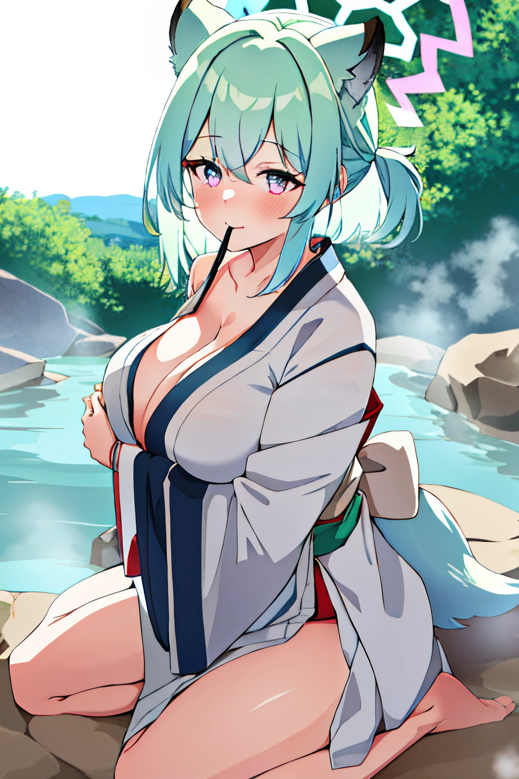Maya Shigure, 1个Giant Breast Girl, Alone, looking at viewert, Be red in the face, ssmile, with her mouth open, By bangs, simple backgound, Animal ear, Chopping, mediuml breasts, coda, Japanese clothes, Wide sleeves, a pink eyes, Official spare clothing, The halo, inner strength, Multicolored eyes, Light green hair, Yatani, Gray kimono, bathrobe, weasel ears,Sitting by the hot springs,huge tit