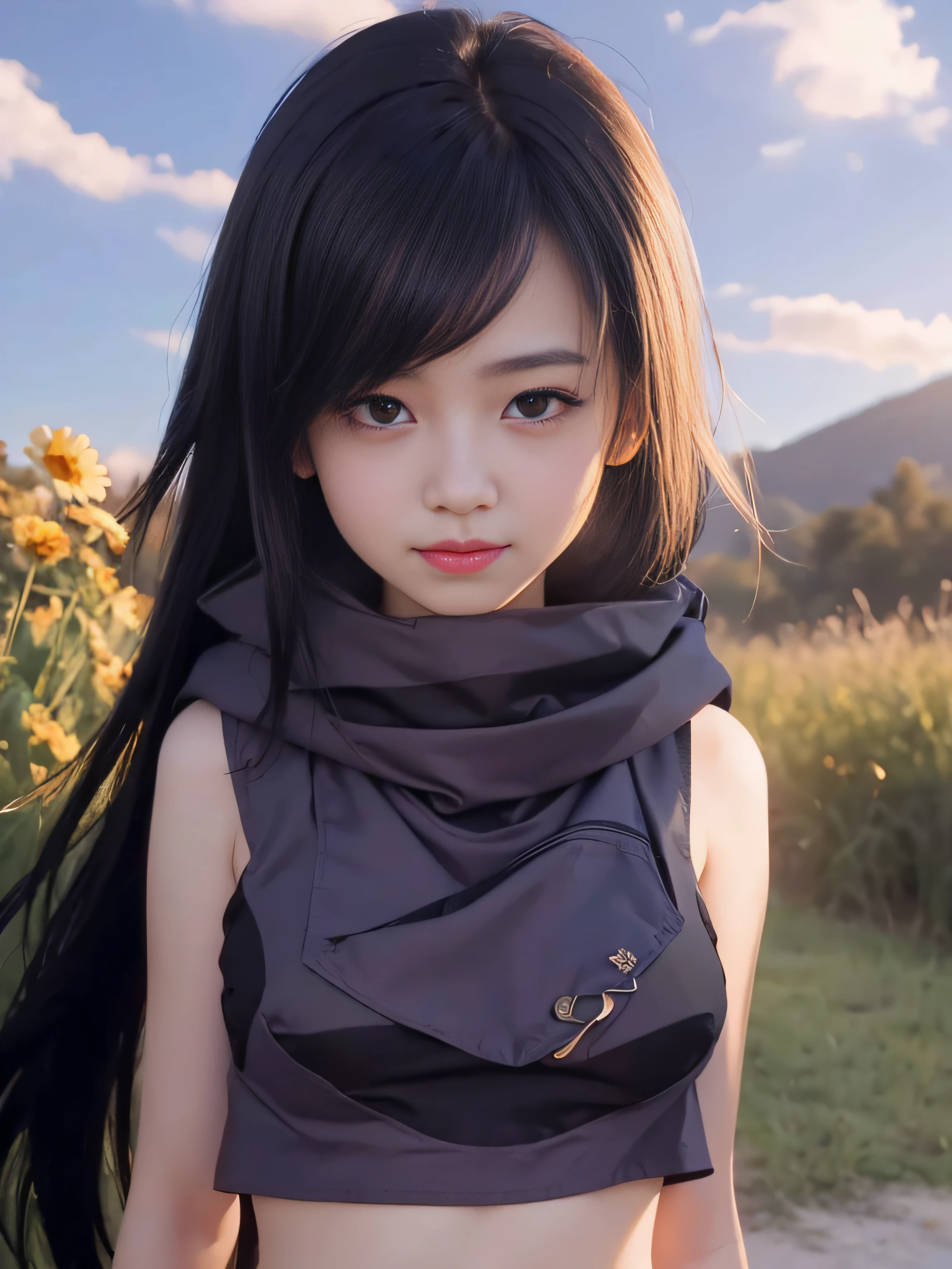 masterpiece, best quality, (realistic, photo-realistic:1.4), (RAW photo:1.2), extremely detailed CG unity 8k wallpaper, delicate and beautiful, amazing, finely detail, official art, absurdres, incredibly absurdres, huge filesize, ultra-detailed, extremely detailed,extremely detailed girl, extremely detailed eyes and face, light on face,little smile,long hair,(black eyes:1.7),long hair,black hair,grass field,sunrise