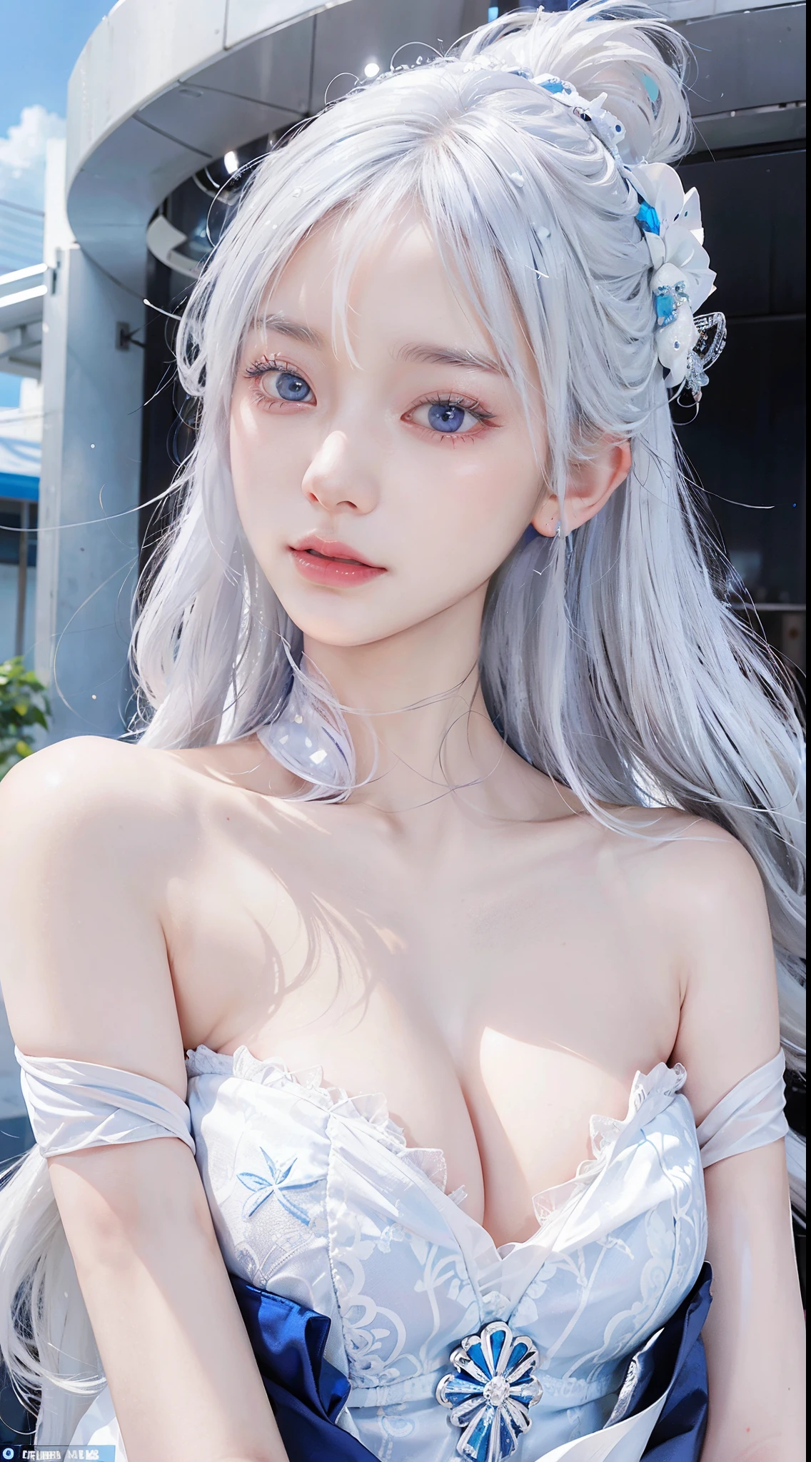 Has white hair and blue eyes、Extraordinary beautiful girl、like a dreamlike existence。That white hair is swaying in the wind、Blue eyes sparkle like the clear sky。Her skin is pure white、Detailed facial features make your facial features more beautiful.。Her beauty lies in、Looks great on any background、Its appearance will fascinate everyone.。