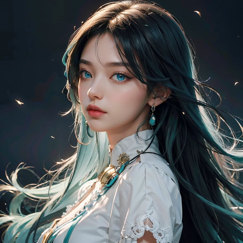 tmasterpiece，Best quality at best，the Extremely Detailed CG Unity 8K Wallpapers，In the daytime， White skin of the，long eyelasher, Long hair and waist，Pitch-black hair, Gradient hair, The ends of the hair are blue-green，Turquoise eyes，hair straight , frontage，The upper part of the body，Jewel-like eyes，Extremely beautiful，Fair face，Light eyebrows，bit girl