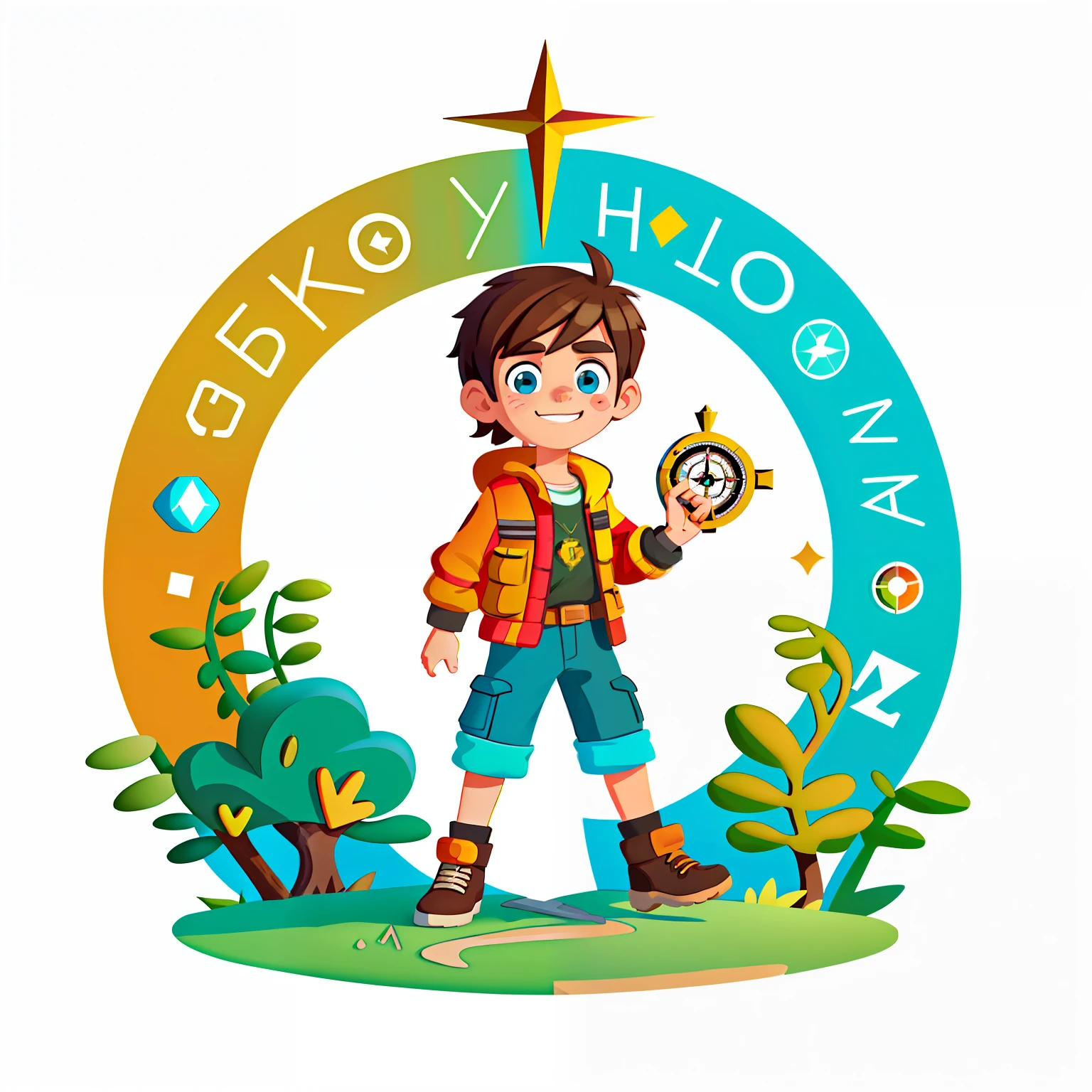 Brunette boy，Put on your adventure clothes，k hd，compass（There is a big compass on the back）（hold love in hands），in the early morning，（There is love）Happy，Surrounded by love，Surrounded by love，O sign，vector，line art，designs，inspiration，straight line，RHAD