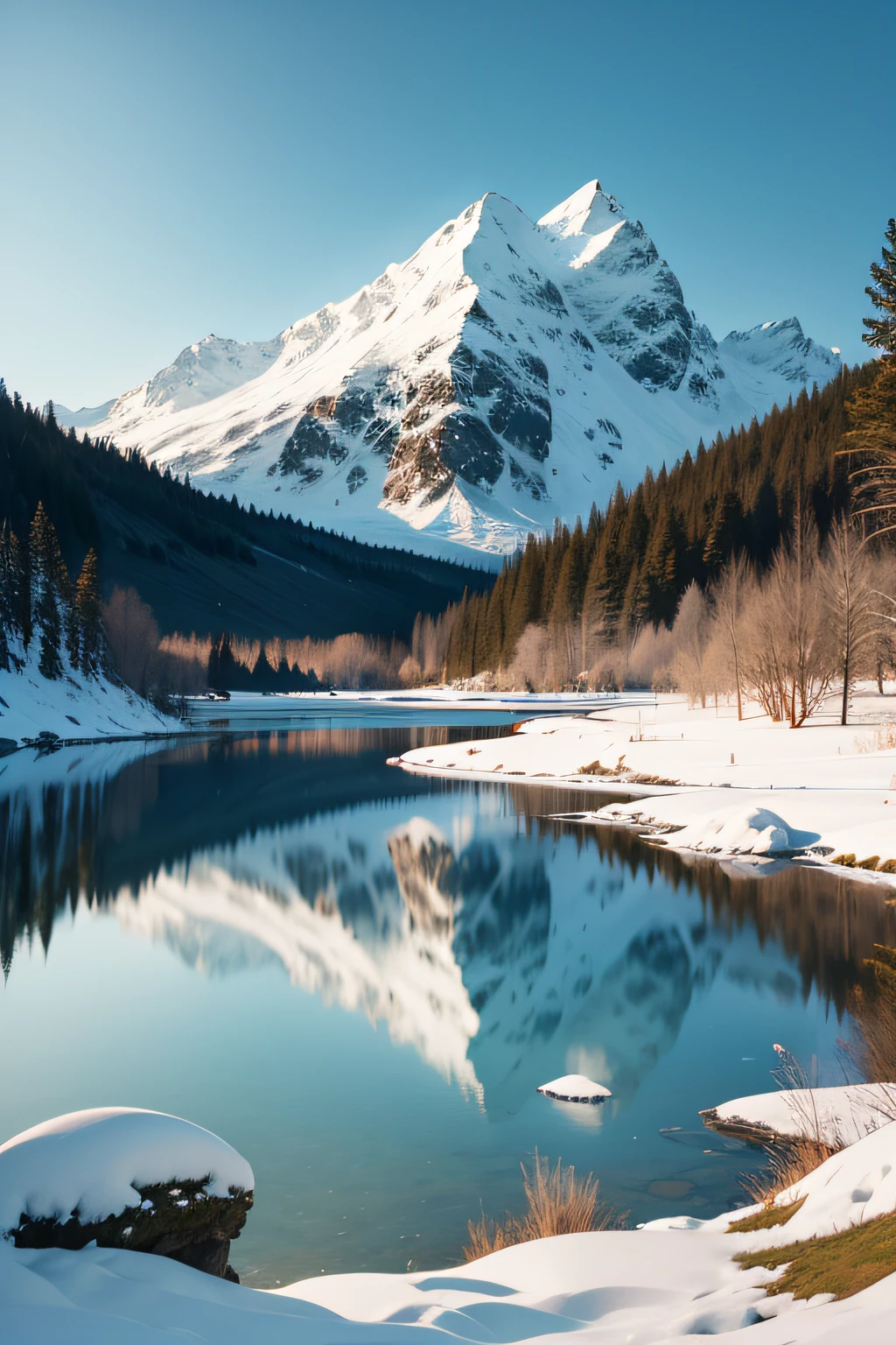 snow mountains，grassy fields，blue green lake water，yak