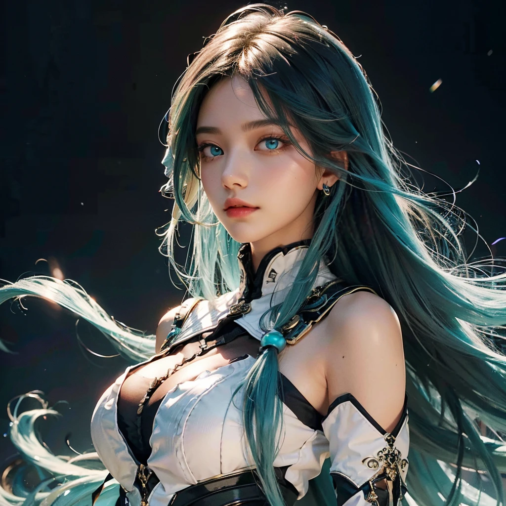 tmasterpiece，Best quality at best，the Extremely Detailed CG Unity 8K Wallpapers，In the daytime， White skin of the，long eyelasher, Long hair and waist，Pitch-black hair, Gradient hair, The ends of the hair are blue-green，Turquoise eyes，hair straight , frontage，The upper part of the body，Jewel-like eyes，Extremely beautiful，Fair face，Light eyebrows，bit girl
