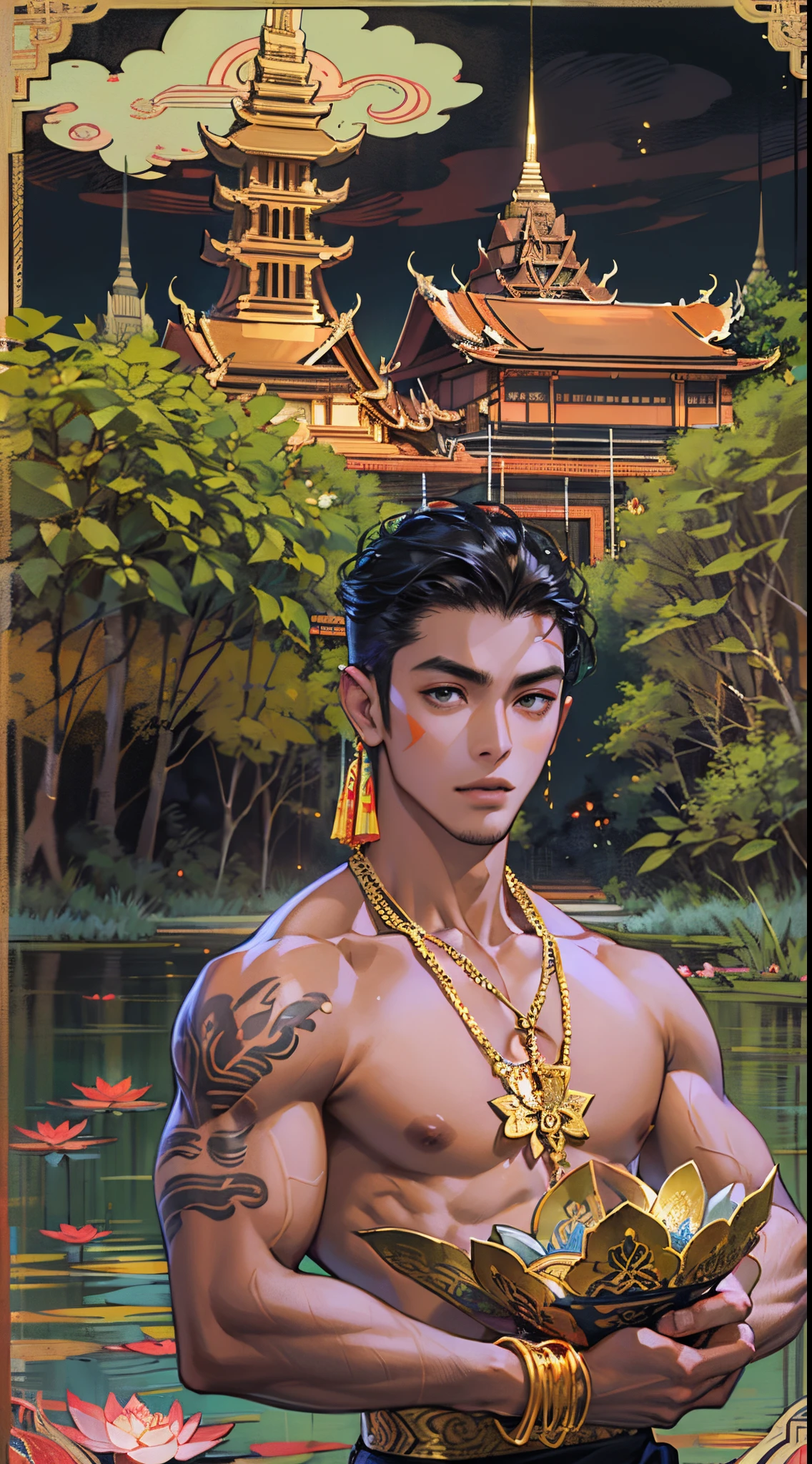 Young Thai man, handsome, muscular, broad shoulders, tight chest, tanned skin, wearing Thai clothes, various silk fabrics, Thai patterns, embroidered with flowing gold thread, traditional Thai gold necklace, traditional Thai gold bracelet, holding two lotus flower bowls. hands, riverside, Thai temple, rainforest, late at night, moonlight, fog, upper body image