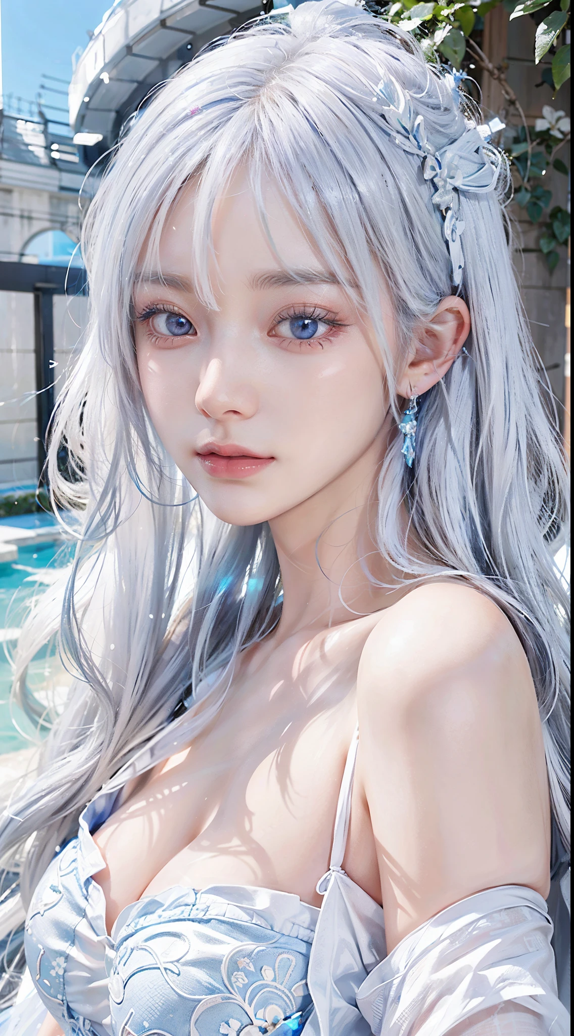 With white hair and blue eyes、Transcendent Beautiful Girl、It seems to be a fantastic existence。That white hair swayed in the wind、Blue eyes shine like a clear sky。Her skin is pure white、Detailed features color your facial features beautifully.。Her beauty is、Looks great against any background、Its presence will fascinate everyone.。