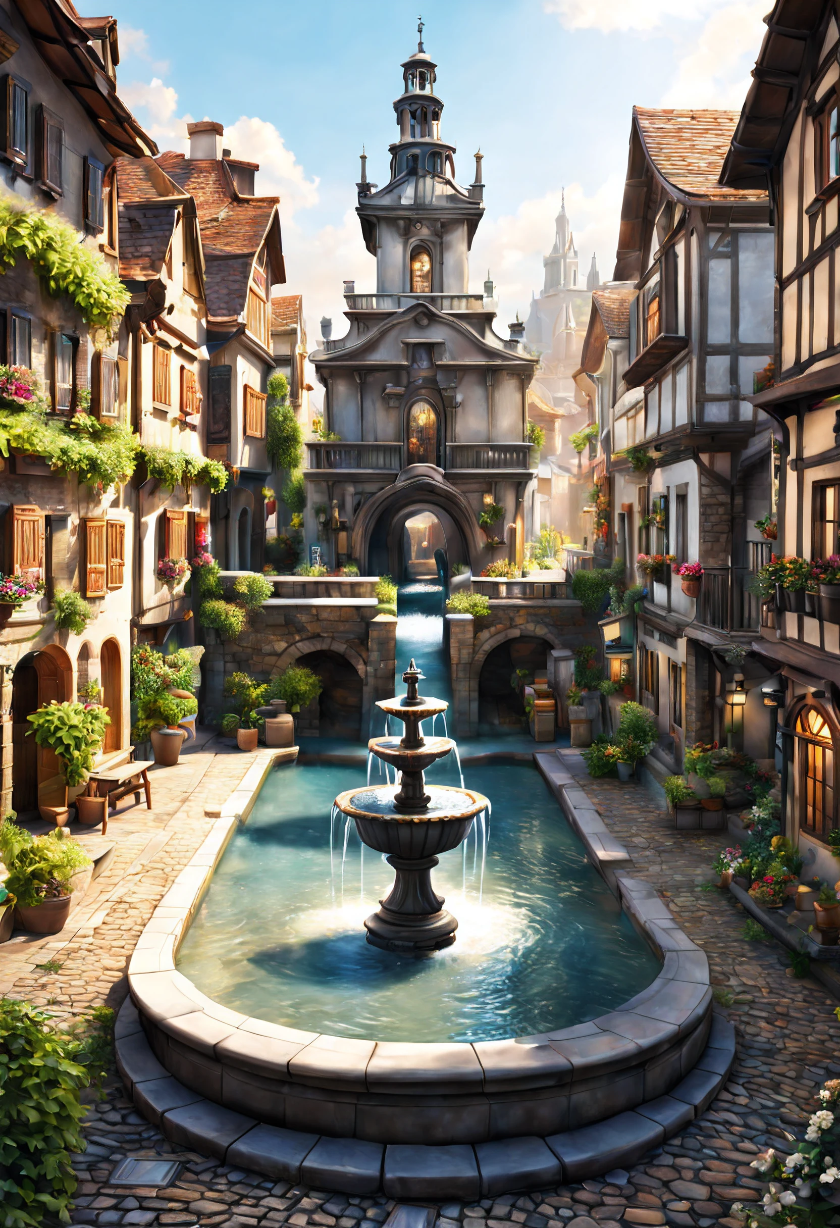 A breathtaking macro landscape showcasing a delightful tiny town embraced by vibrant greenery, featuring an enchanting water fountain in the center. The intricate details of the fountain and the charming architecture of the small buildings create a picturesque scene. Full-shot view, high-resolution photo capturing the beauty of a peaceful town, photorealistic painting art by renowned artists, trending on ArtStation, trending on CGSociety, Intricate, High Detail, Sharp focus, dramatic, serene, nostalgic, quaint, water fountain, cobblestone streets, warm sunlight.