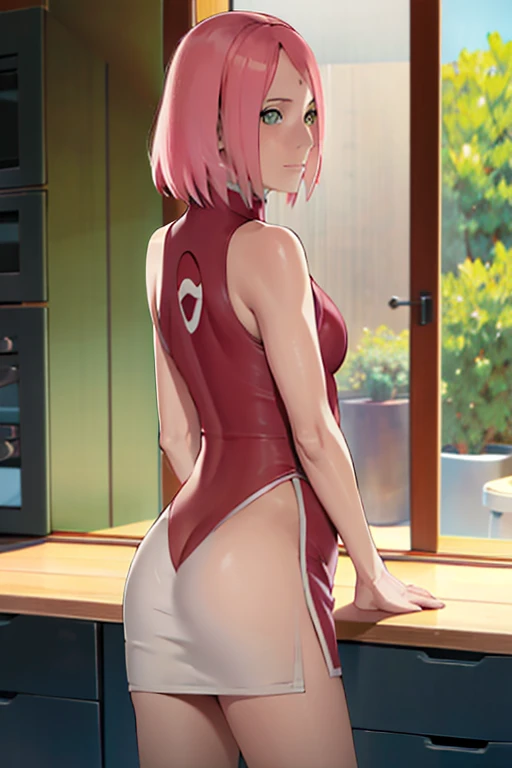 Obra maestra, absurdos , (Detalles intrincados), (De color),cinematic lighting,Tiro de busto,fondo de pantalla CG 8k extremadamente detallado,1girl, Haruno Sakura,Cinta roja para el cabello,Marca de la frente,lavadora,, Delantal desnudo, cocina, arms behind back, sonrojarse, Mirando al espectador,