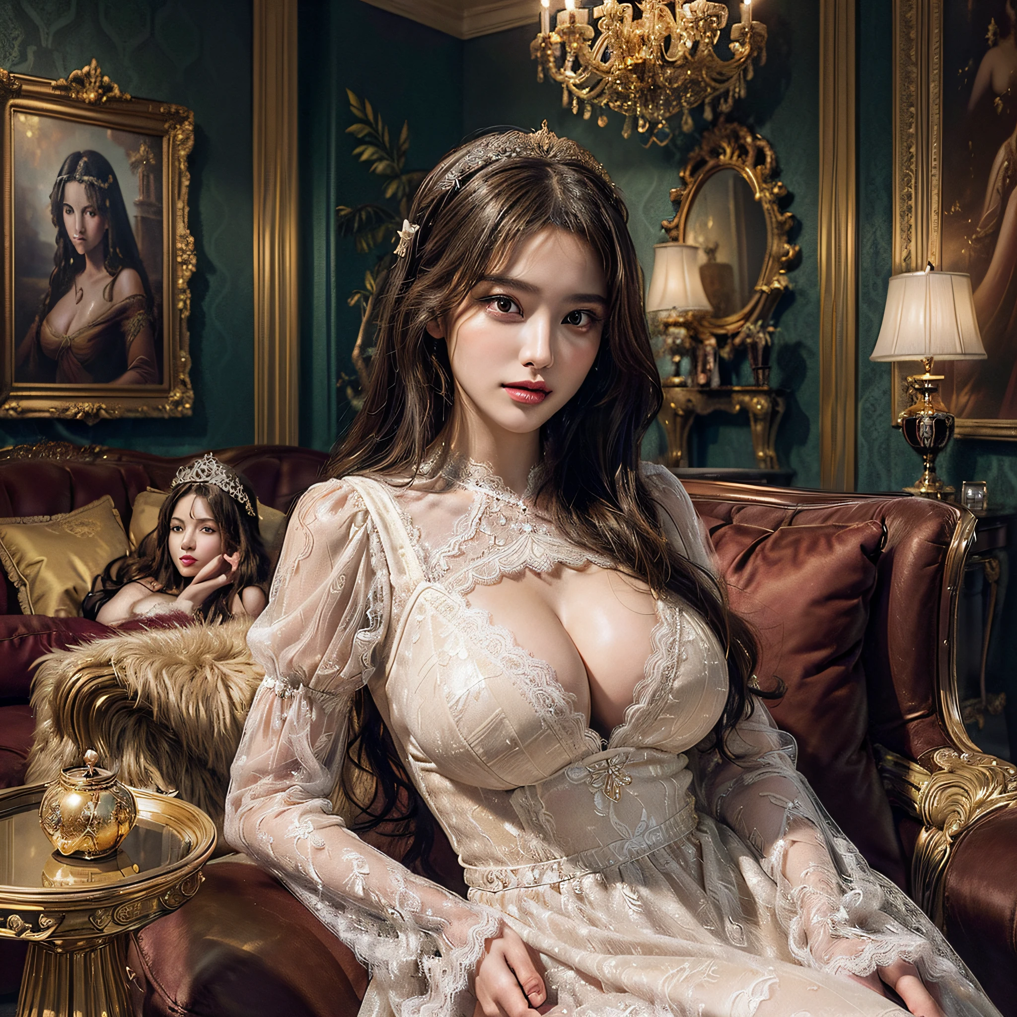 (2girls:1.3), princess, long hair, passionate, (extremely detailed beautiful face), (Beautiful girl in a princess dress:1.5), (lace dress:1.4), Amazing face and eyes, (The sexiest look), (Best Quality:1.4), (hyper quality), (Ultra-detailed), (extremely detailed CG unified 8k wallpaper), Highly detailed, RAW Photos, Professional Photography, sitting, (A luxurious living room with paintings of girls sexy tits on the walls:1.4), (golden chairs, golden ornaments, dazzling brilliance:1.2), luxurious, gorgeous, secret, sexy shot, Magnificent, great, transcendental scale, Feeling of freedom, exposing, famous sexy movie scenes,