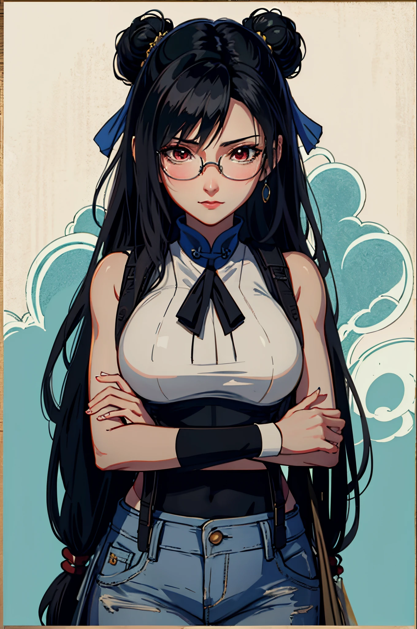 Hair is light gray,carrying glasses,Glasses printed with saffron, One wears white short sleeves,blue denim suspender skirt,3D art girl,frontage ,Newspapers on the wall background,In the style of animation aesthetics,Traditional Chinese painting,Black painting,32k uhd,Rococo elegance,I can't believe how beautiful this is,3D artistic rendering,Bubble Mart Template,wave-niji 5 -