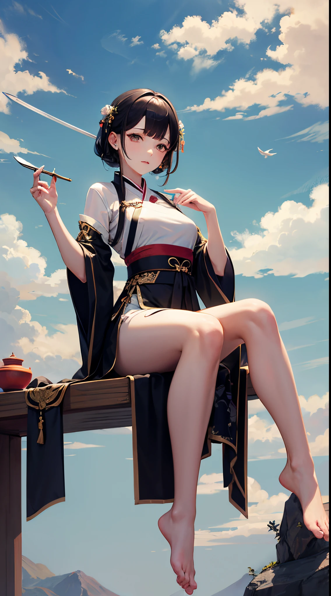 Top image quality、qipao dress,Realistic and detailed image of a girl. Black hair bun hair. Eyes are blue.Half eye , long eyelashes. She has small breasts, Slim waist, wide  hips,A slender. sleepy expression, darkened room. cross one's legs, Smoke pipes. Chinese、Luxurious chairs、Sluggishness、Shake your head.Cheek cane,starrysky