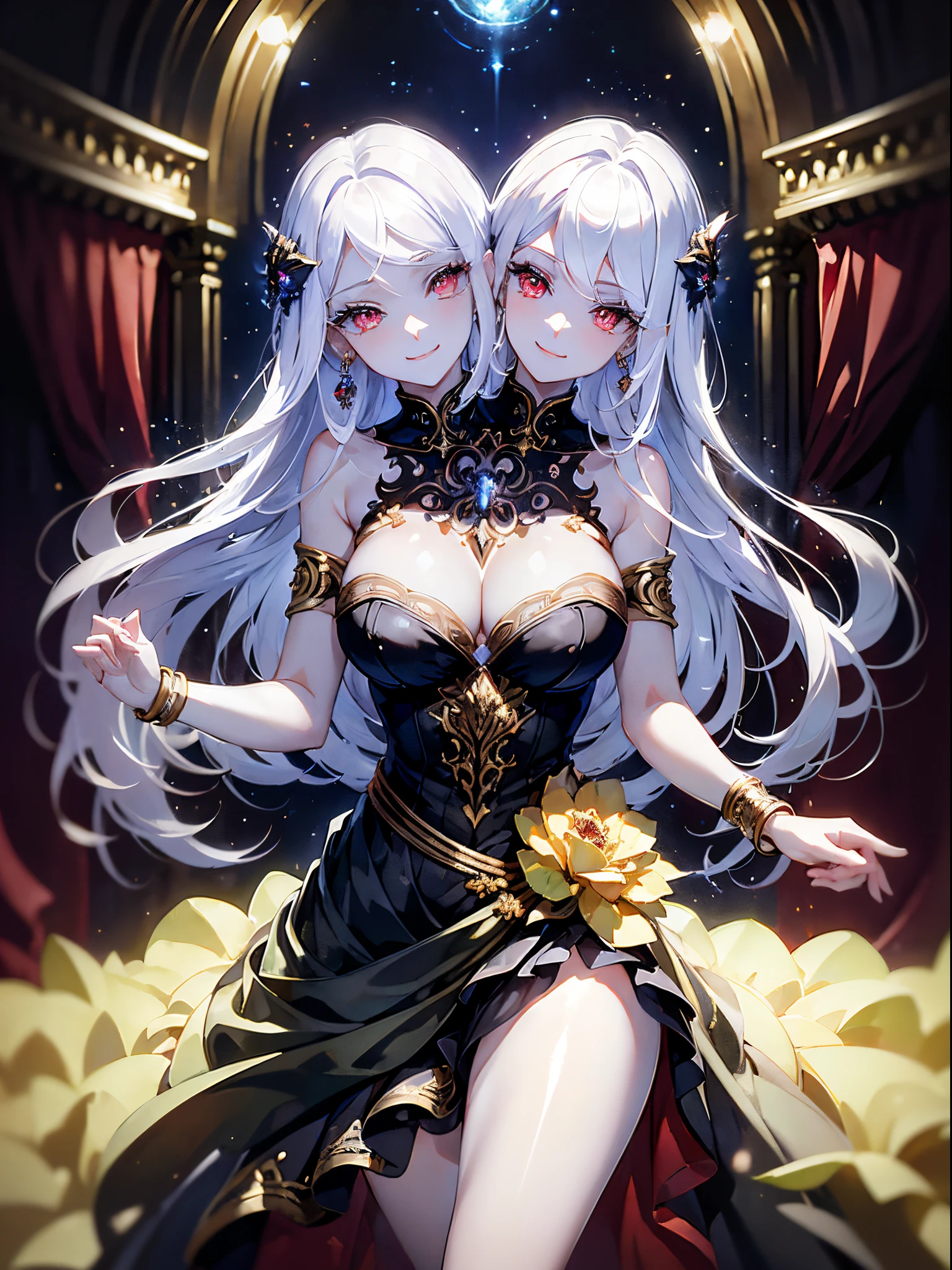 (masterpiece, best quality), best resolution, (2heads:1.5), 1girl, white hair, red eyes, pale skin, eyelashes, bracelet, jewelry, smile, detailed and majestic stage, fantasy, night sky, nebula