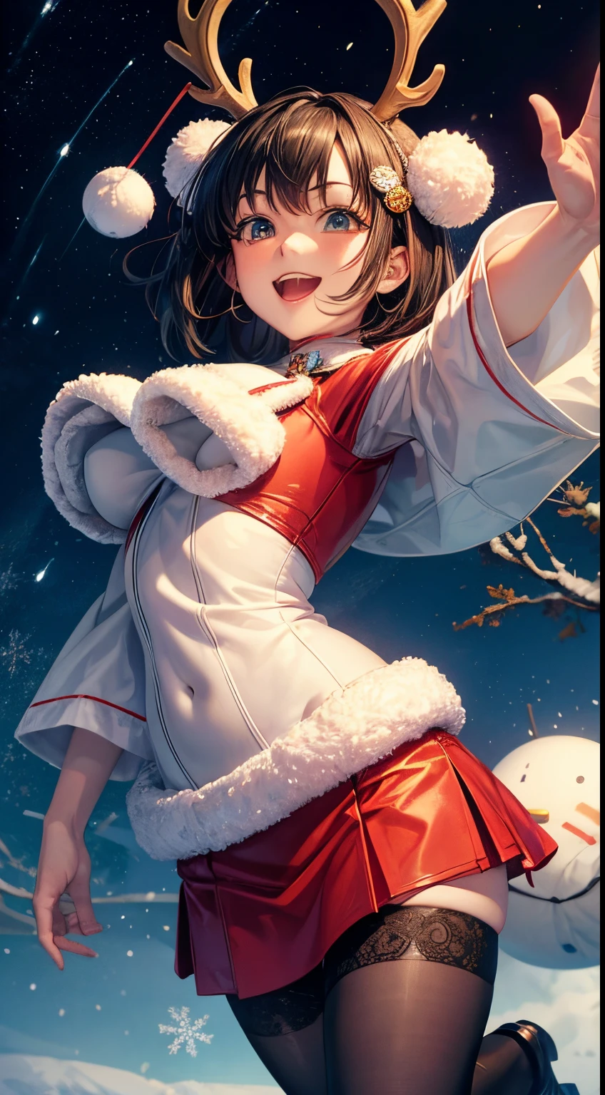 Keiko Takemiya, Charles Robinson, Richard Dadd, Surreal, mysterious, bizarre, fantastical, fantasy, Sci-fi, Japanese anime, Tokyo Shinjuku, Christmas parade.The first is a beautiful high school girl in a red miniskirt Santa costume, perfect voluminous body, short hair, smiling, waving to the audience, followed by a herd of reindeer, and dwarfs working on toy construction Cute snowmen wide angle dynamic pose, hand drawing colour, detailed masterpiece