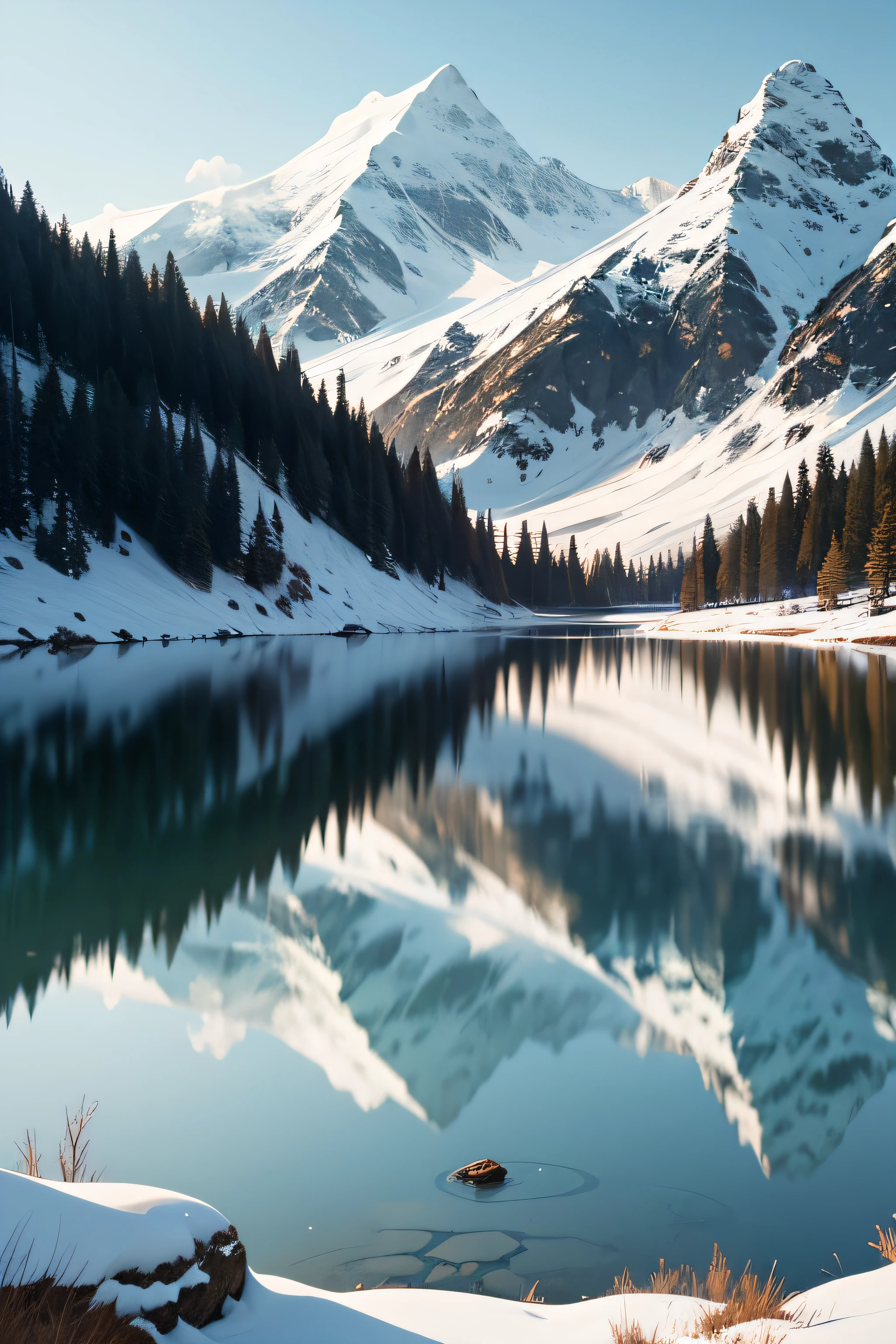 snow mountains,grassy fields,blue green lake water,yak