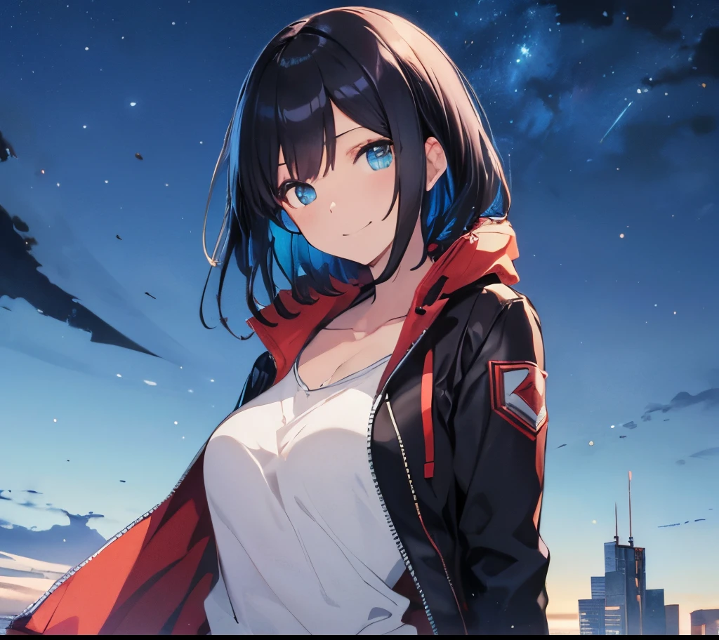 (masutepiece:1.2, Best Quality),  [girl, Manteau, expressioness, Turquoise eyes, front facing, jet-black hair, Jacket comes off, Upper body] (night sky background:1.3), smile elegantly,