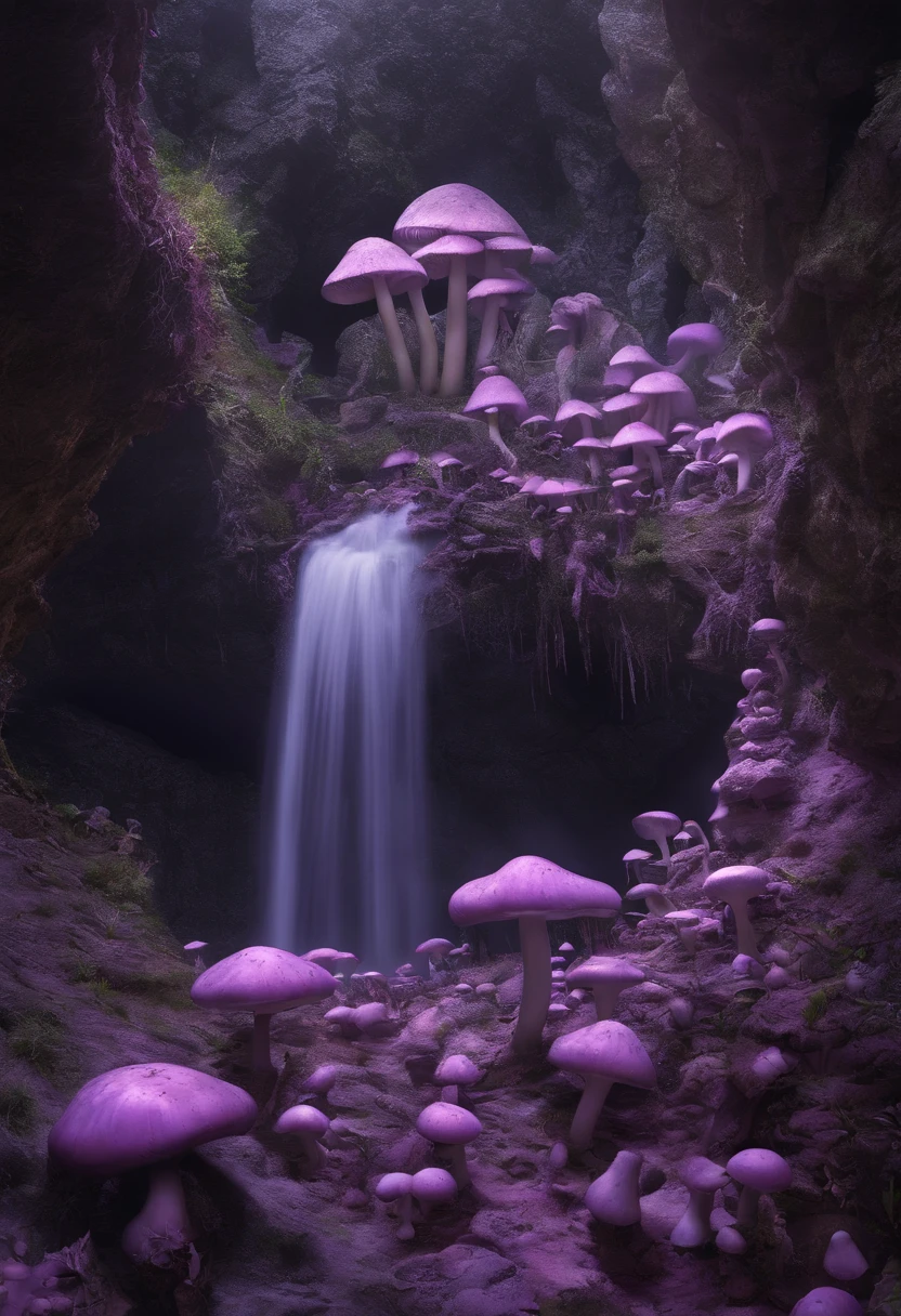 huge underground cave，Various purple mushrooms，At the end of the cave is a huge purple tree，The roots spread all the way to the top，At the root of the tree is a writhing mass of purple mushrooms，There are various animal carcasses parasitized by mushrooms on the surrounding ground.，Getting up slowly。