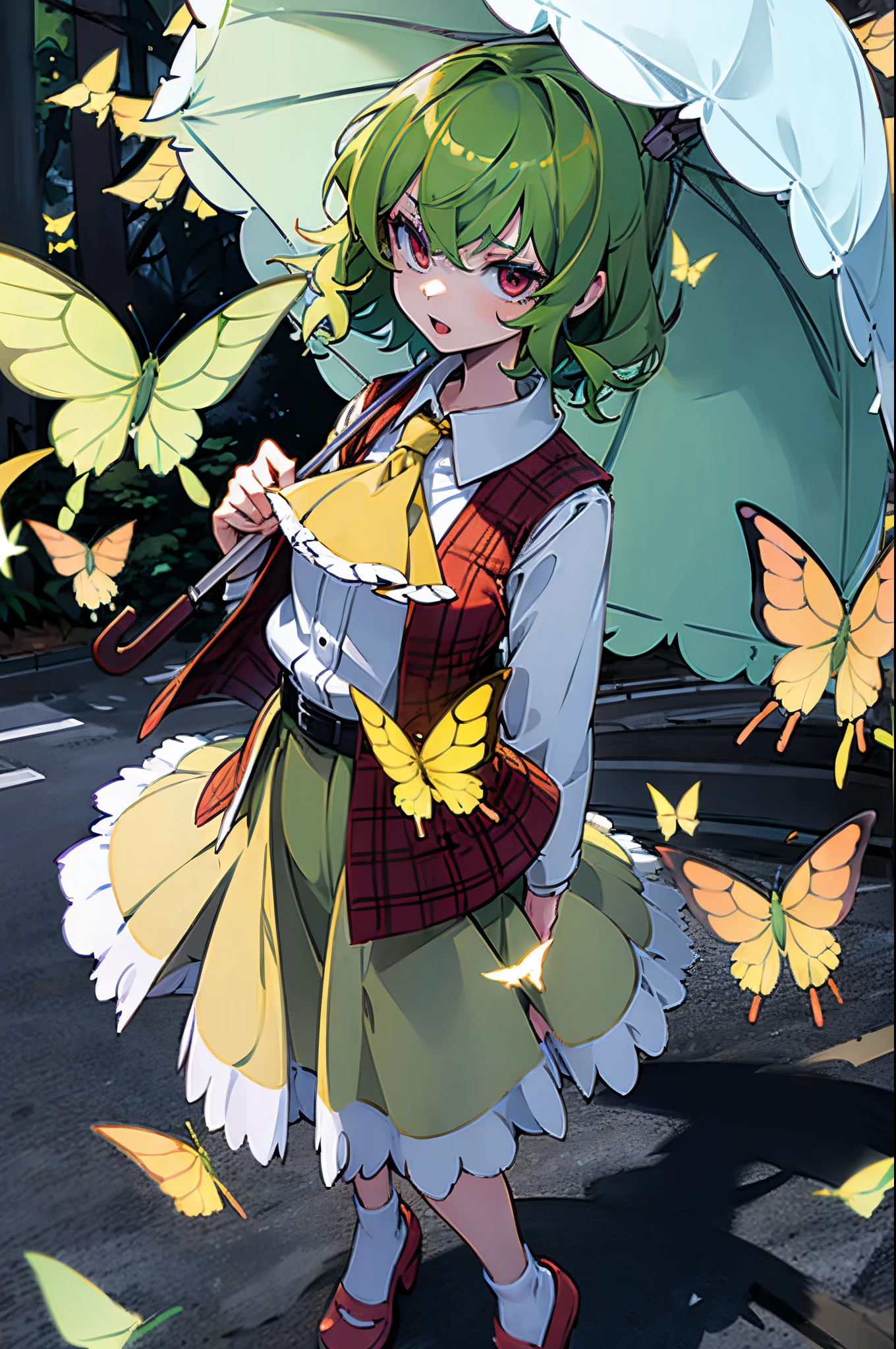 bit girl，Green hair，Have on the street，butterflys，bring an umbrella