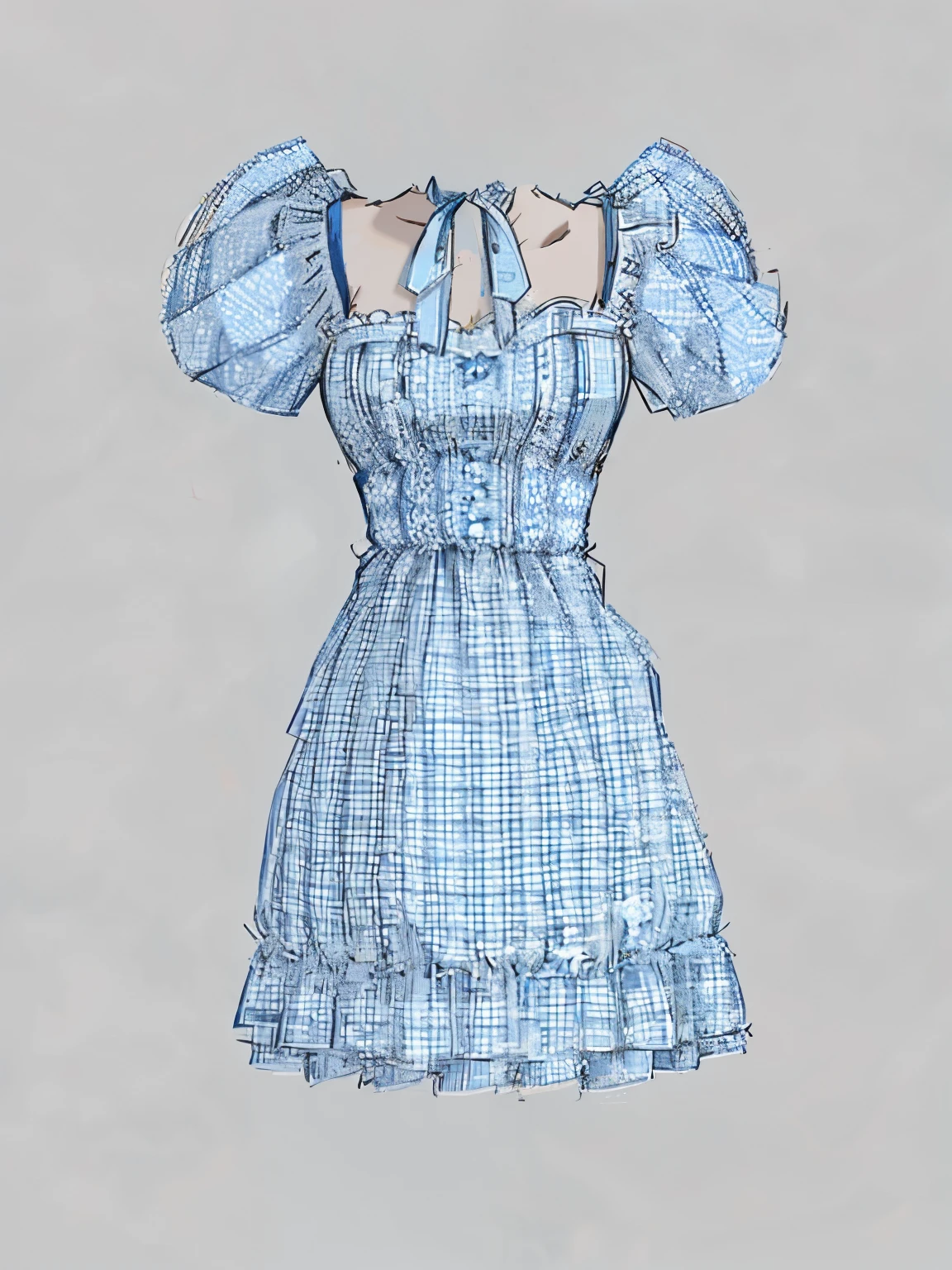 a close up of a dress with a blue and white checkered pattern, blue checkerboard dress, a blue dress, cute dress, puff sleeves, sky - blue dress, y 2 k, y2k, blue-white dress, summer dress, rococo ruffles dress, dress and cloth, cute checkerboard sundress, 🤬 🤮 💕 🎀 2D dress drawing dress drawing 2d