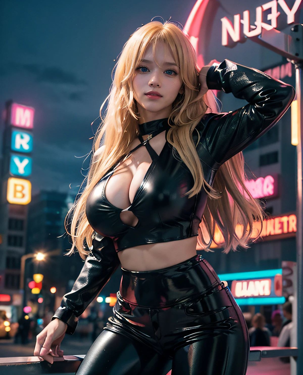 1girl, (Blue eyes), (Smile), (Sana Minatozaki), wide hips, Big Boobs, big ass, round butt, (Best Quality, 8k, Masterpiece: 1.3), perfect hands, Clear Focus: 1.2, Perfect Body Beauty: 1.4 , Slender Abs: 1.2, Highly detailed face and skin texture, detailed eyes, double eyelids, (blonde long hair whit bangs), (black cleavage t-shirt), (tight tits), ((black leather pants :1.3)), standing, dynamic pose, in a busy city, night illuminated by neon signs, many buildings with signs in the background