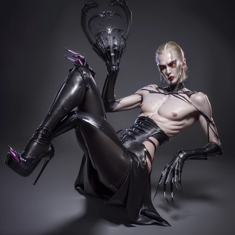 (8k, RAW photo, best quality, homoerotic, looking at viewer, face, beautiful eyes, giger style:1.5), (1boy, slender androgynous male, queer, depraved sissy villain, masculine crotch, claws, high heels:1.65)