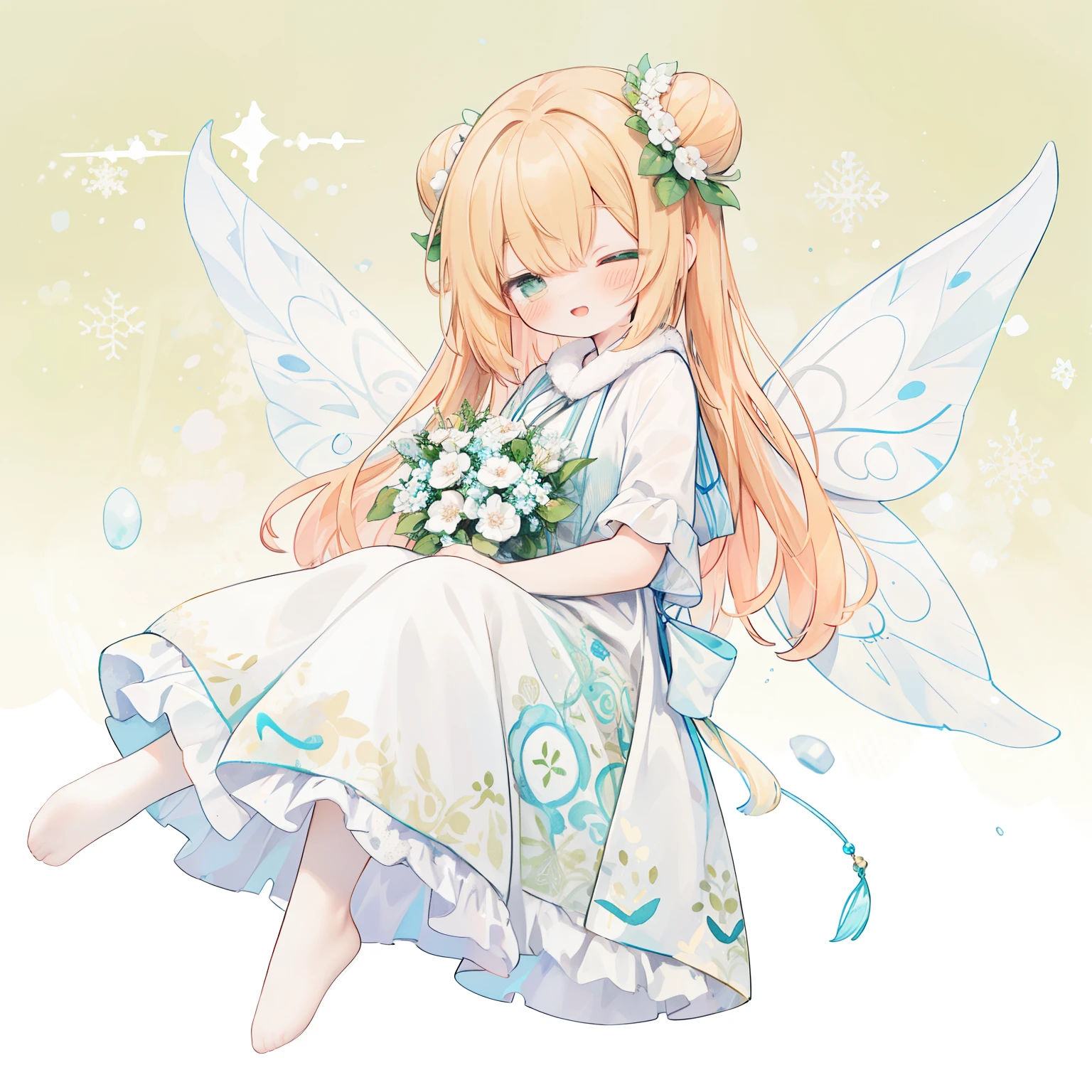 1girl in、(PastelColors:1.3)、(Cute illustration:1.3)、(watercolor paiting:1.1)、(Wearing large transparent fairy wings with polka dots。。。:1.3),Close your eyes and smile、Falling from the sky,Head down, feet up, Orange hair,Blunt bangs,Beautiful offer,ultra wide-angle ,Detailed background、Smile with open mouth、Beautifully detailed、Moya、colourfull、marble、Particles of light、patterns、From Side、(Shirayuki Noel、Snowflake:1.3)、
Detailed drawing、Vibrant colors、striking contrast、intricate detailes、Delicate depiction、Luminescent、full body Esbian、From the side、Beautiful facial features、Brightly colored eyes、Wearing intricate and delicate ornaments、glowing aura、Radiant hair,Illuminated by the morning light、Summer wreaths、Pale yellow-green background、Fairy with a bouquet of flowers、Fancy Fairy、Bun head、jumpping、levitation、Thick wool gown:0.4