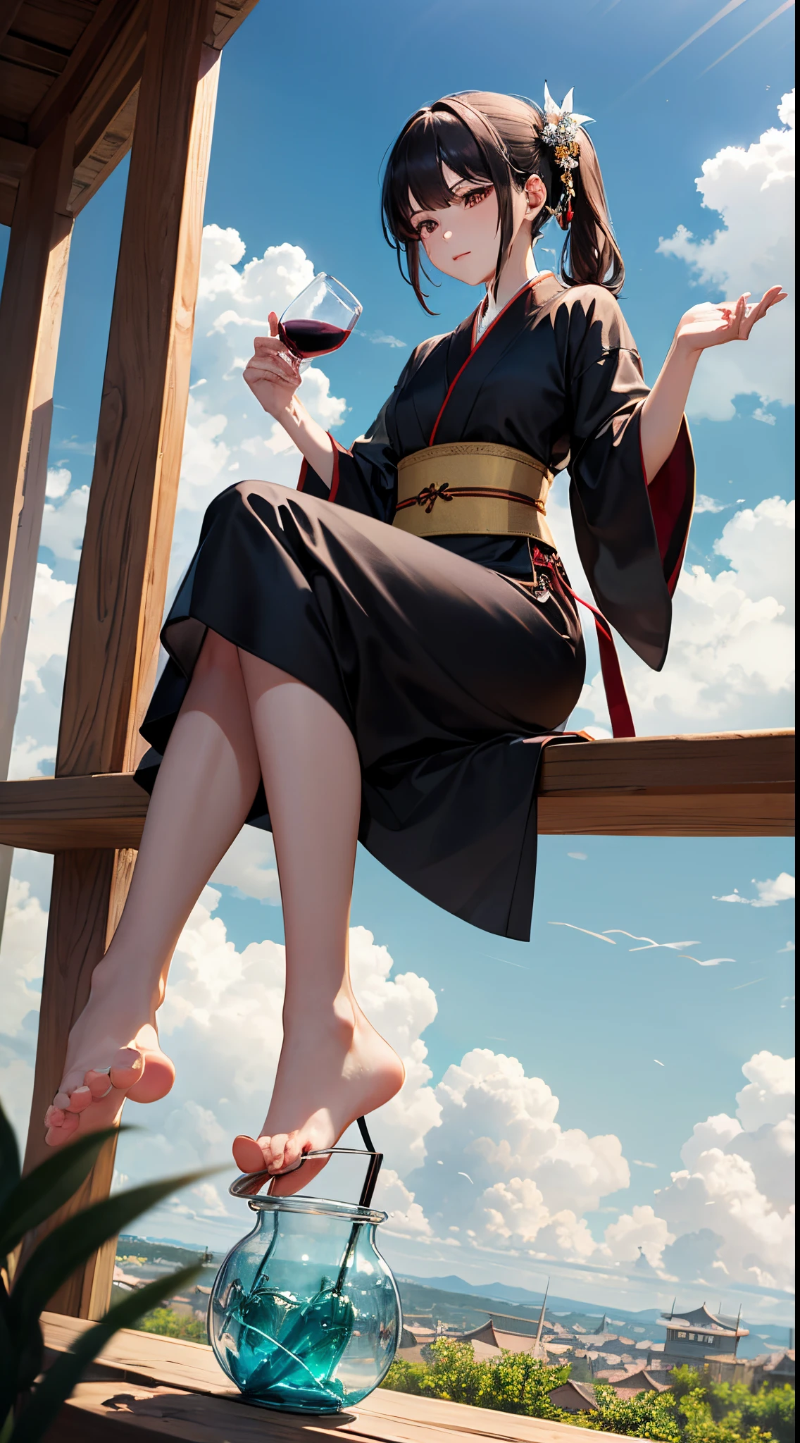 Immortal wearing Hanfu。Fly in the air。Supple skin。There is a jade pendant hanging on the body。doing magic。 The soles of my feet are stepping on clouds。Wearing black silk。Royal sister。Riding a flying sword。There is a jar of wine next to it。Saucer in hand。drink