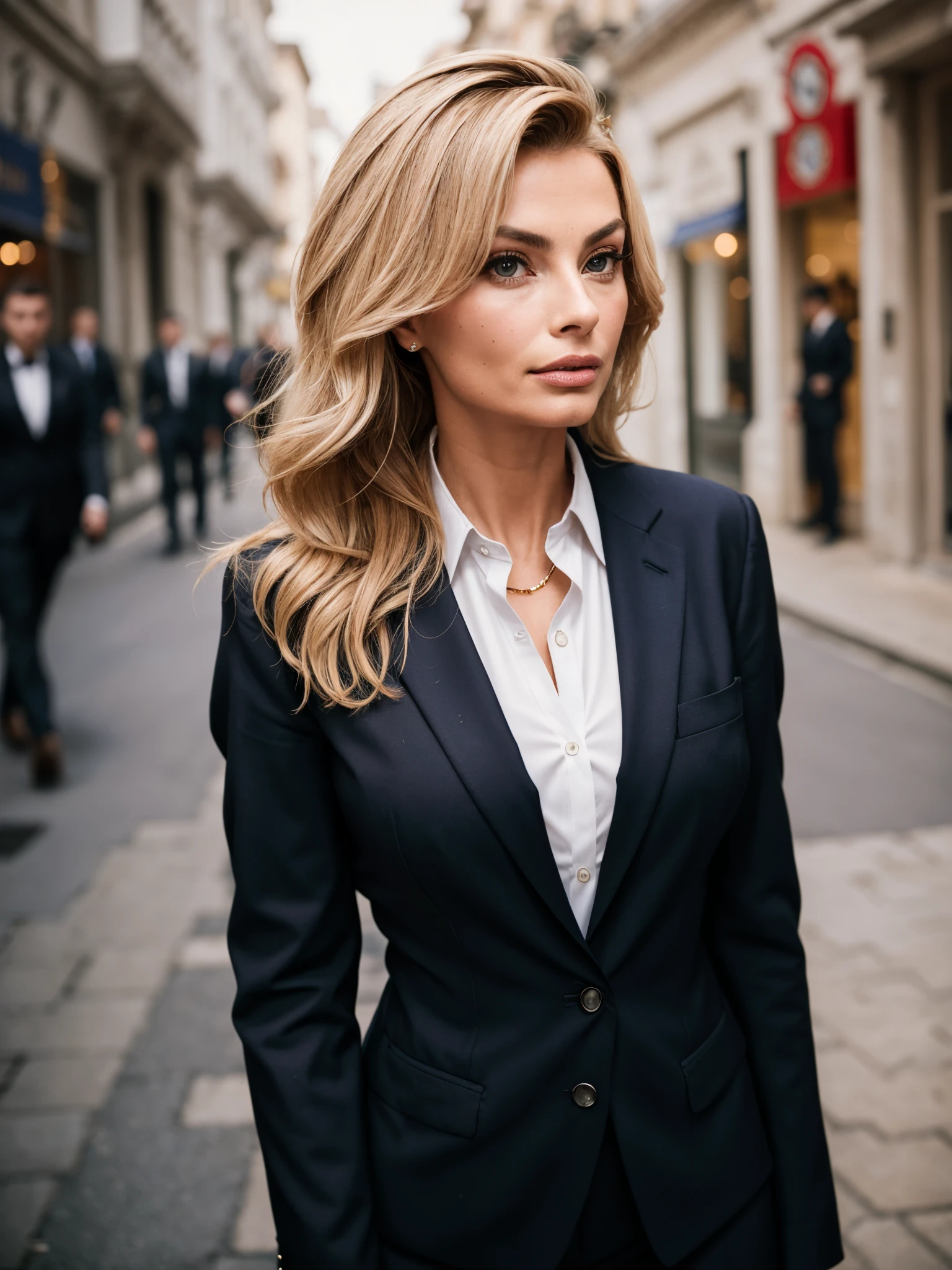 Cinematic portrait of european [Sophia Loren:Maude Adams:3.5] girl,solo,20yo,beautiful face,uppser body,hair over one eye,medium sidecut, blonde hair, sharp focus,modest black business suit, formal business women Shirt, shallow depth of field