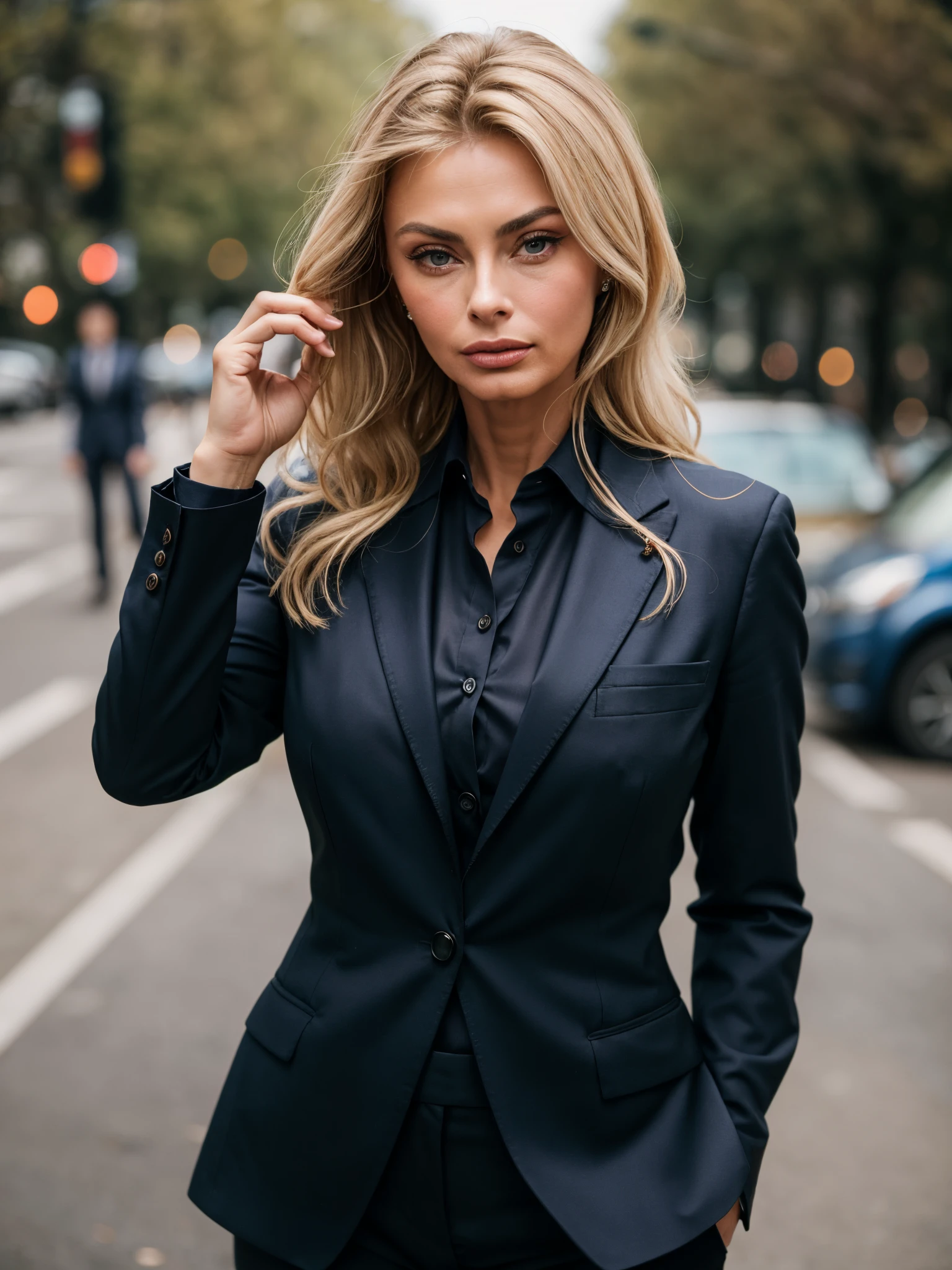 Cinematic portrait of european [Sophia Loren:Maude Adams:3.5] girl,solo,20yo,beautiful face,uppser body,hair over one eye,medium sidecut, blonde hair, sharp focus,modest black business suit, formal business women Shirt, shallow depth of field