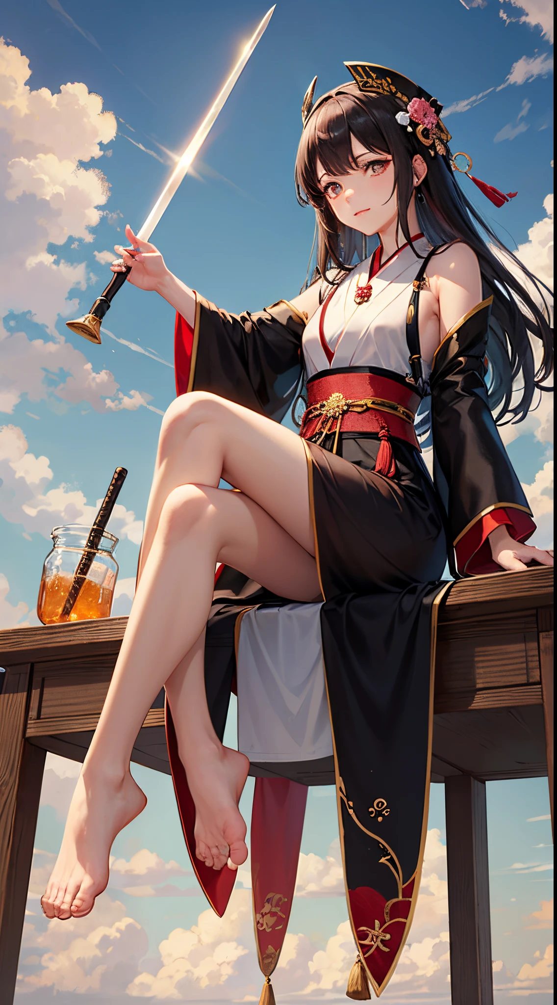 Immortal wearing Hanfu。Fly in the air。Supple skin。There is a jade pendant hanging on the body。doing magic。 The soles of my feet are stepping on clouds。Wearing black silk。Royal sister。Riding a flying sword。There is a jar of wine next to it。Saucer in hand。drink