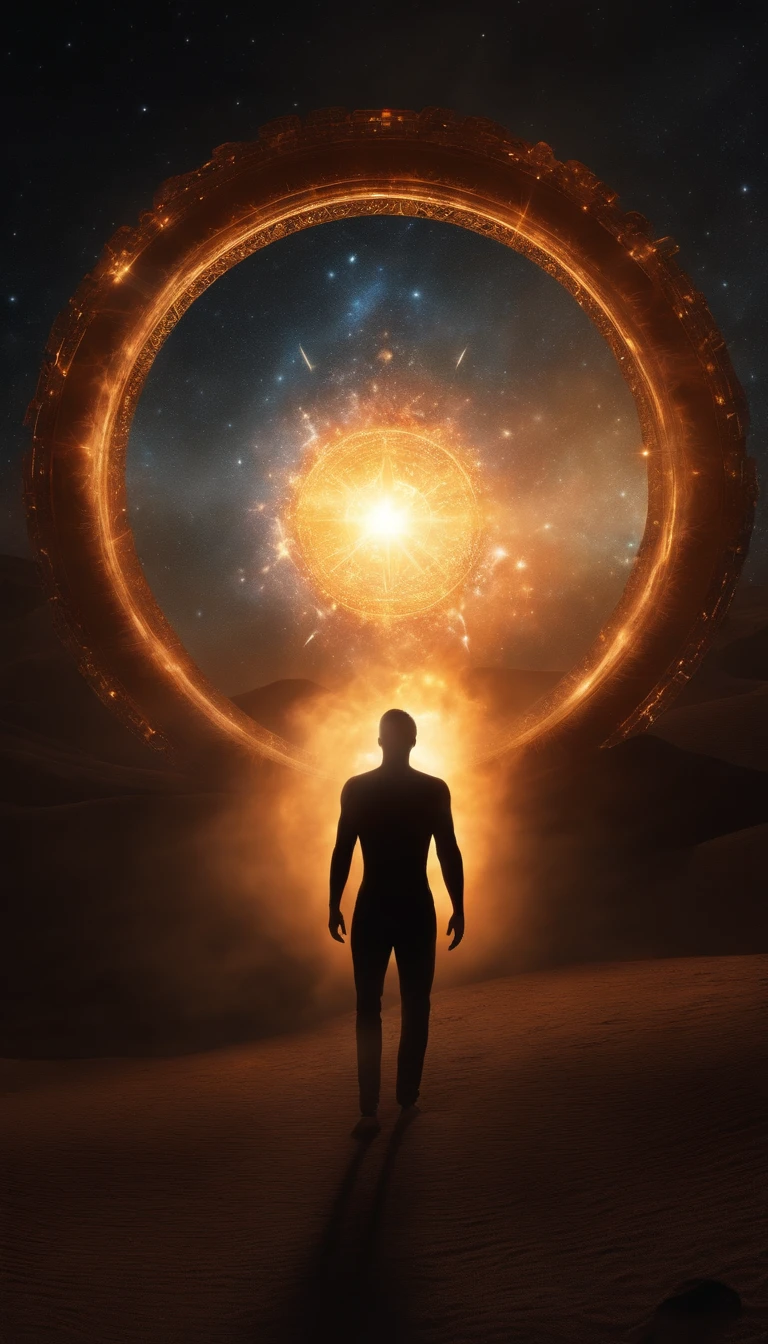 Silhouette of a human head in a huge circular light with many stars, The head is wrapped in a ring of fire, spirits coming out of portal, magical glowing time portal, Open a brilliant portal, round form, Involves the human head as a gateway to another universe, summoning circle, time vortex in the background, director: Kurt Roesch, luminous fire halo, Stargate Infinity, Lens reflection. Hidden realism, photo still of sleep