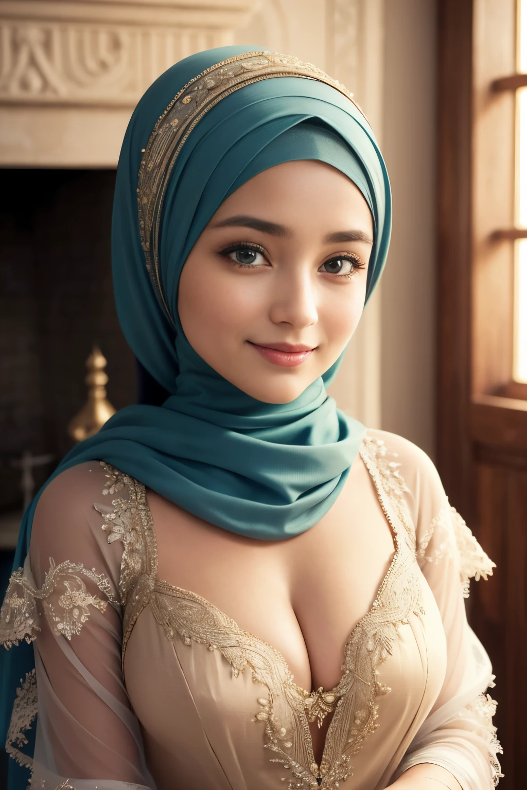 party dress, cleavage, hijabi, Absurd, ultra-detailed, high quality, masterpiece, detailed face, beautiful eyes(detailed eyes), Greek mythology Goddess, Hestia, goddess of the hearth and home, gentle and graceful, face exudes warmth and kindness, eyes described as soft and comforting, gentle and steady gaze, overall appearance is simple and modest, The fabric of her garments is usually depicted as soft and earth-toned, beauty lies not in extravagant adornments, Her smile is serene and welcoming