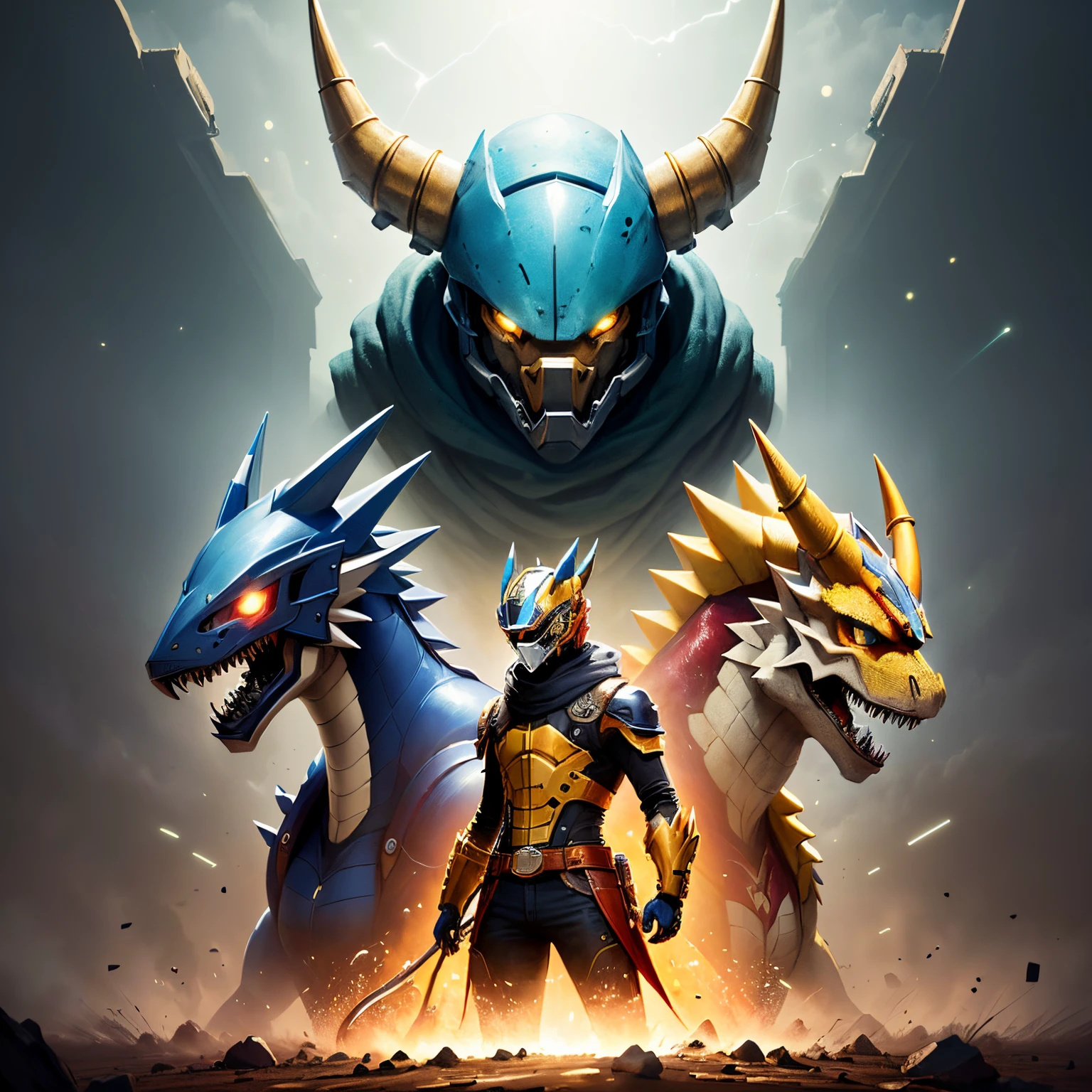 Obras maestras,Arte Oficial,Anthro,masculino,(Wargreymon:1.2),cara delicada,ojos delicados,casco, armadura, cuerno, Digimon, Parte superior del cuerpo, Profundidad de campo, Perfect lighting, light particles,(La mejor calidad),(Obra maestra),(Ultra detallado),foco nítido,light particles